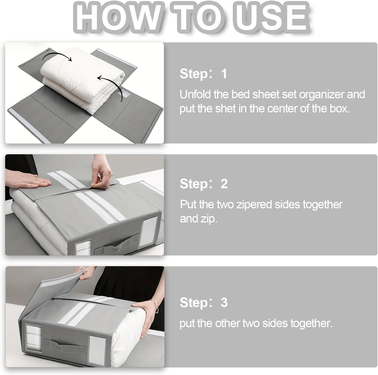 BDZBREN Bed Sheet Organiser and Storage, Foldable Bedsheet Organizer for Linen Closet, Sheet Set Organiser with Window XL (Queen & King Size) Organizing Bedding Container Box (4 PACK, Grey) - Grey image number 2