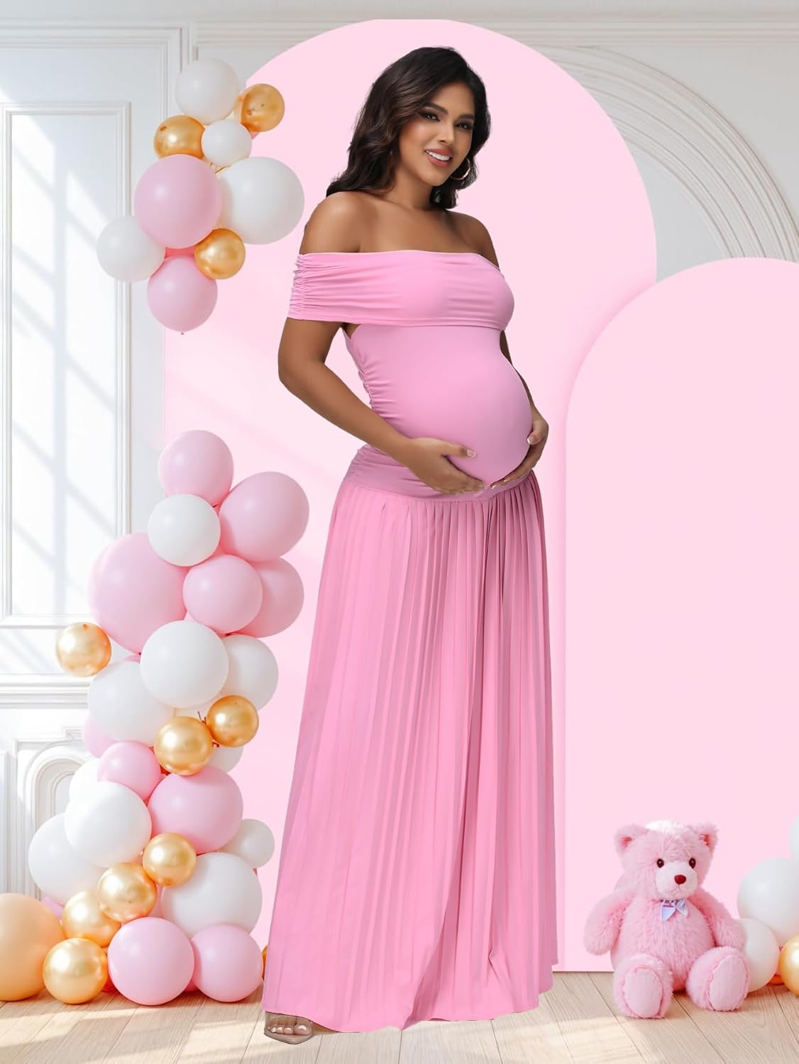 Justvh Women'S Maternity off Shoulder Baby Shower Dress Party Paneled Ruched Hem Maxi Photography Gown for Photoshoot image number 5