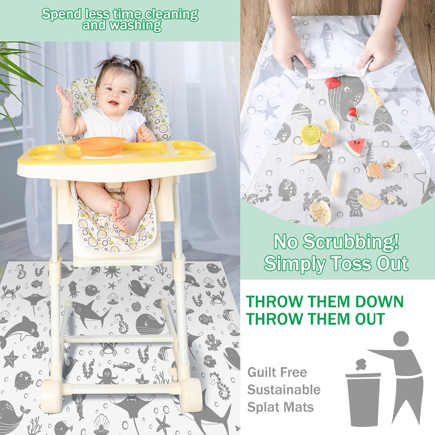 100 Pack 28"X47" Disposable Floor Splat Mats for under High Chair with Animals Print, Waterproof Plastic Floor Mat Multipurpose Baby Led Weaning Supplies(Sea Animal)