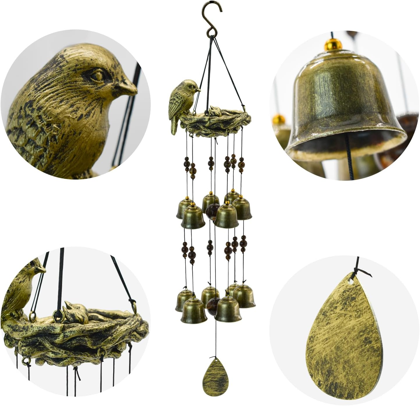 Mrmrkura Bird Nest Wind Chime, Bird Windchimes with 12 Bells for Glory Mothers Love Gift Decorative Hanging Bells for Outdoor Garden Backyard Home Decor image number 4