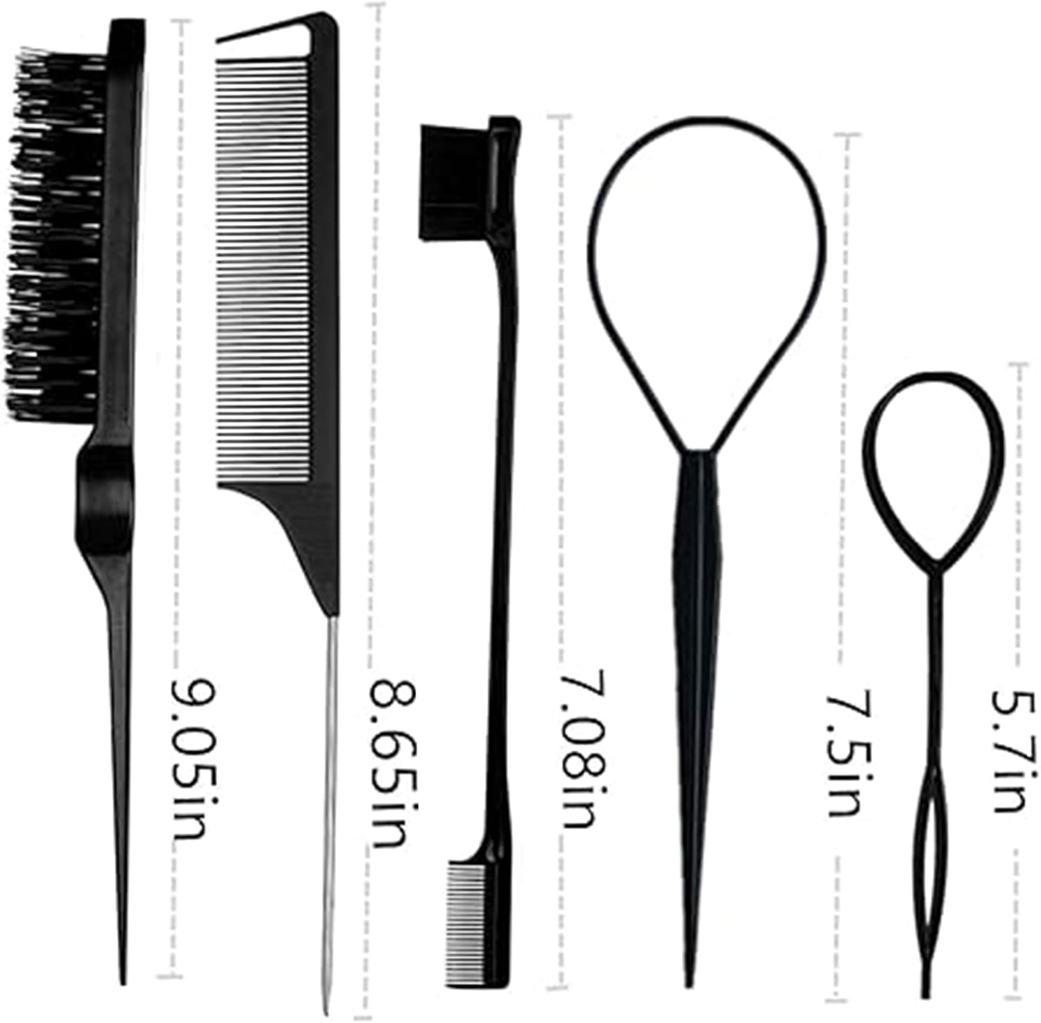 8Pcs Hair Styling Comb Set, Includes Hair Teasing Brush Rat Tail Comb Double-Sided Edge Brush Hair Clips for Women Girls Combing Styling Hair (Black) - Black image number 2