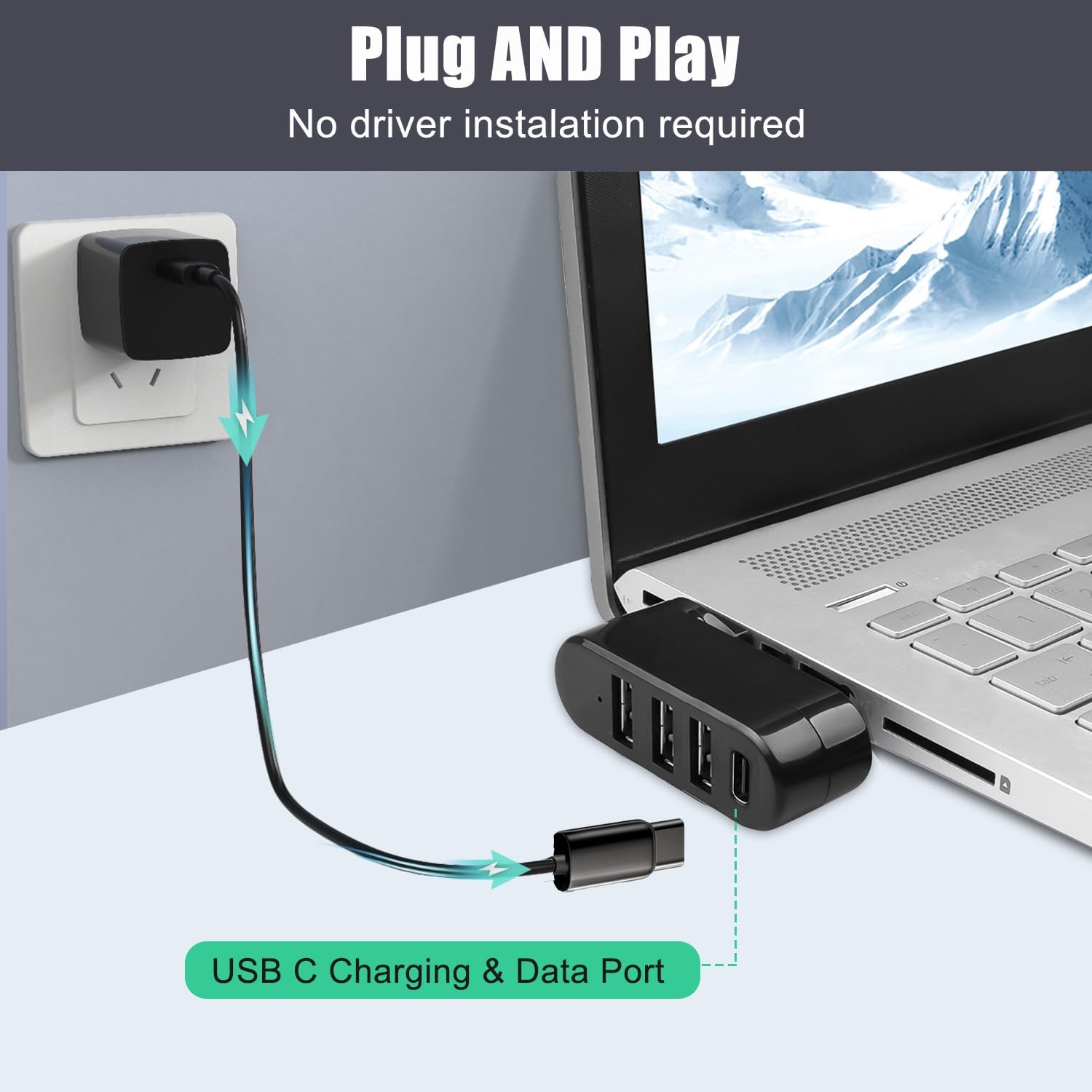 Vienon 4-Port Portable Hub with USB C, 3.0, and 2.0 Ports - Expander for Laptop, Car, Mac Pro, Imac, Macbook Air, Pro, and More image number 6