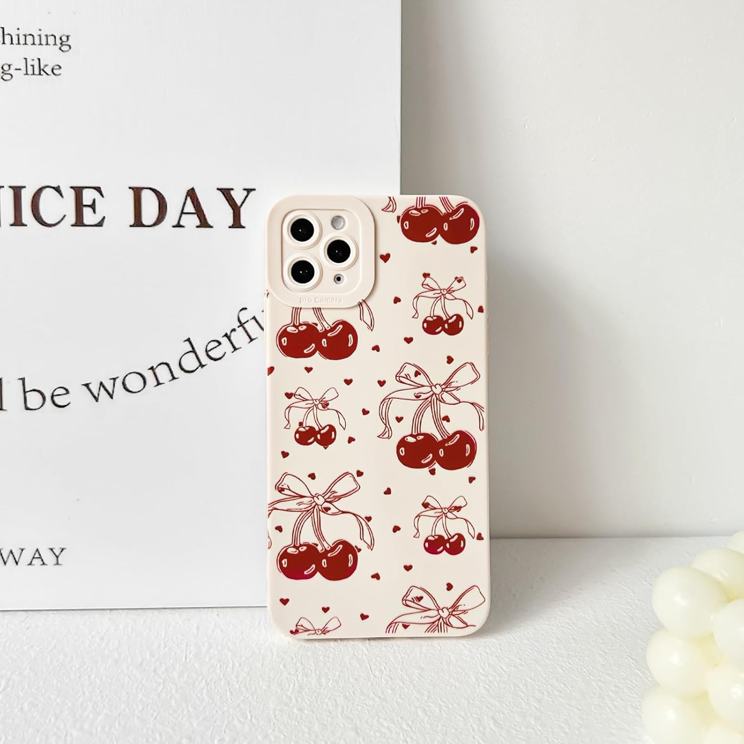 NITITOP Compatible with Iphone 11 Pro Case Cute Bow Bow Cherry Small Hearts for Women Girls Soft TPU Shockproof Protective Case White Mobile Phone Case - White image number 3