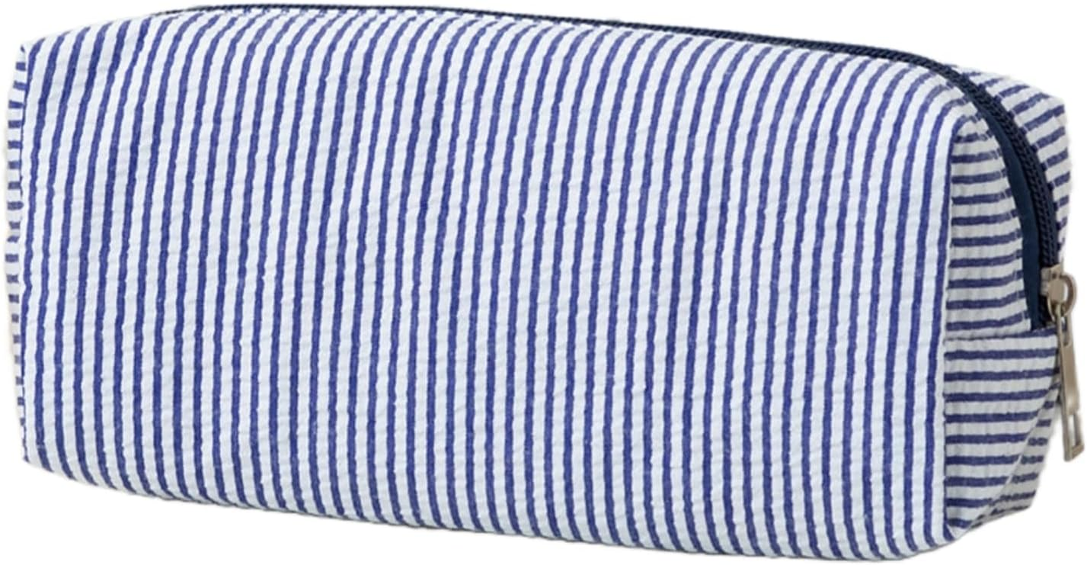 Hfhungkeong Cute Pencil Case, Seersucker Pencil Bag Desktop Stationery Finishing Large Capacity Embroidery Striped Travel Storage Bag, Multifunctional Cosmetic Pouch(Light Blue)