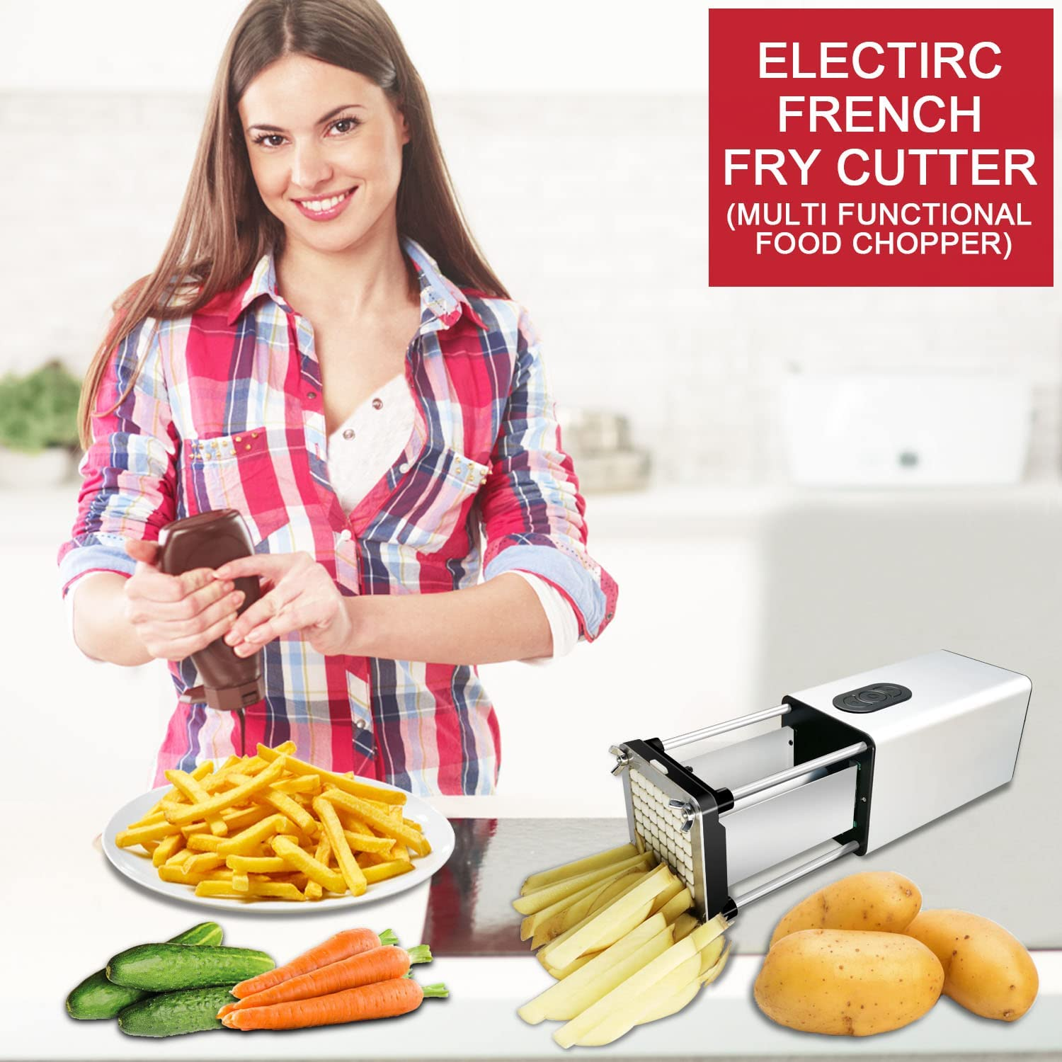 Electric French Fry Cutter, French Fry Cutter Stainless Steel with 1/2 & 3/8 Inch Blade, Vegetable Cutter, Professional Commercial and Household Potato Slicer, Use for Potatoes, Carrots, Apples