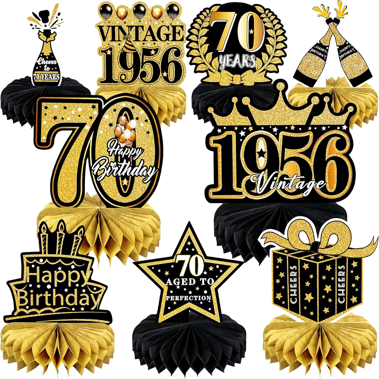 9 Pcs 70Th Birthday Decoration for Men Women - Honeycomb Centerpieces & Table Decorations - Black & Gold - Cheers to 70 Years - 1955 Birthday Party Favors