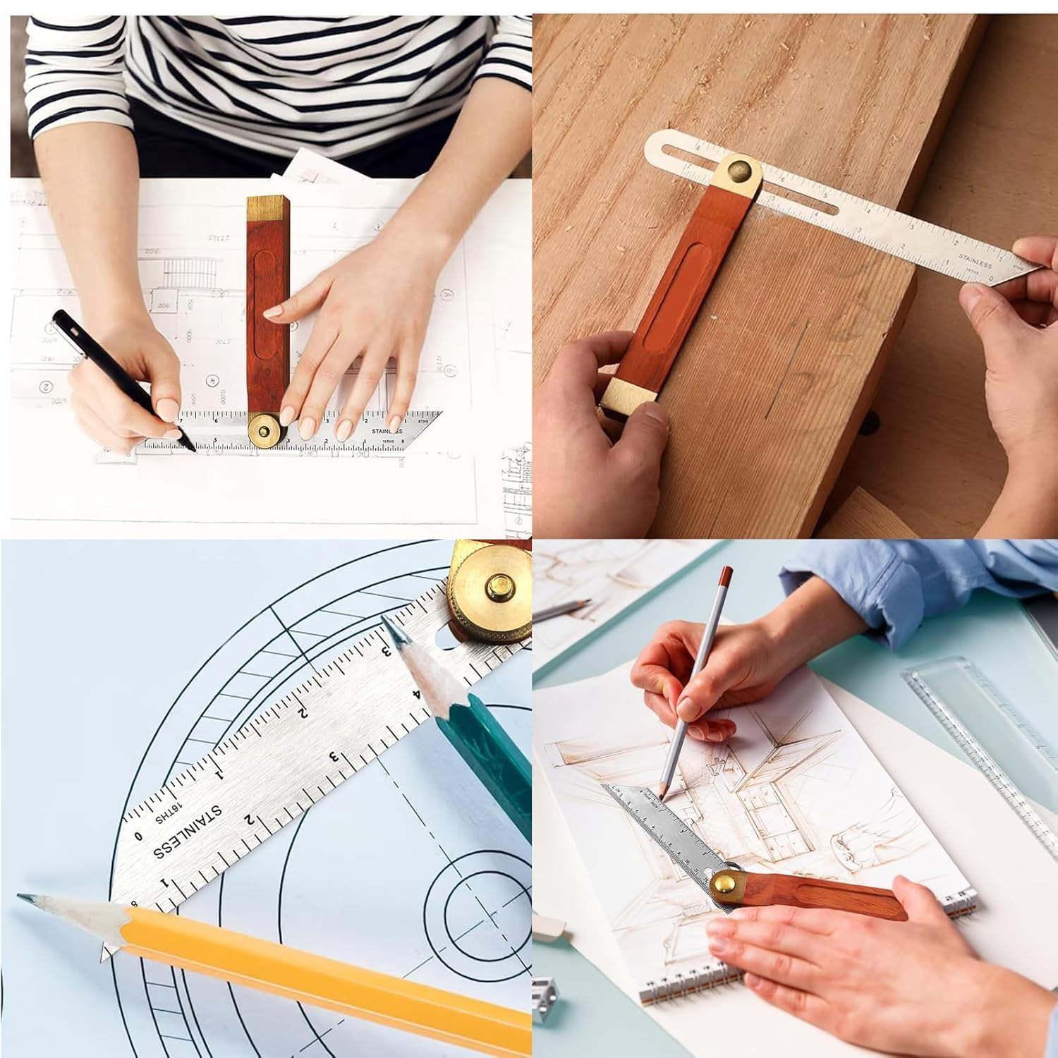 Stainless Steel T Bevel Angle Finder with Wooden Handle, 1Pc T-Bevel Activity Angle Ruler Adjustable Carpentry Square Bevel Gauge Sliding Stainless Steel Ruler with Hardwood image number 2