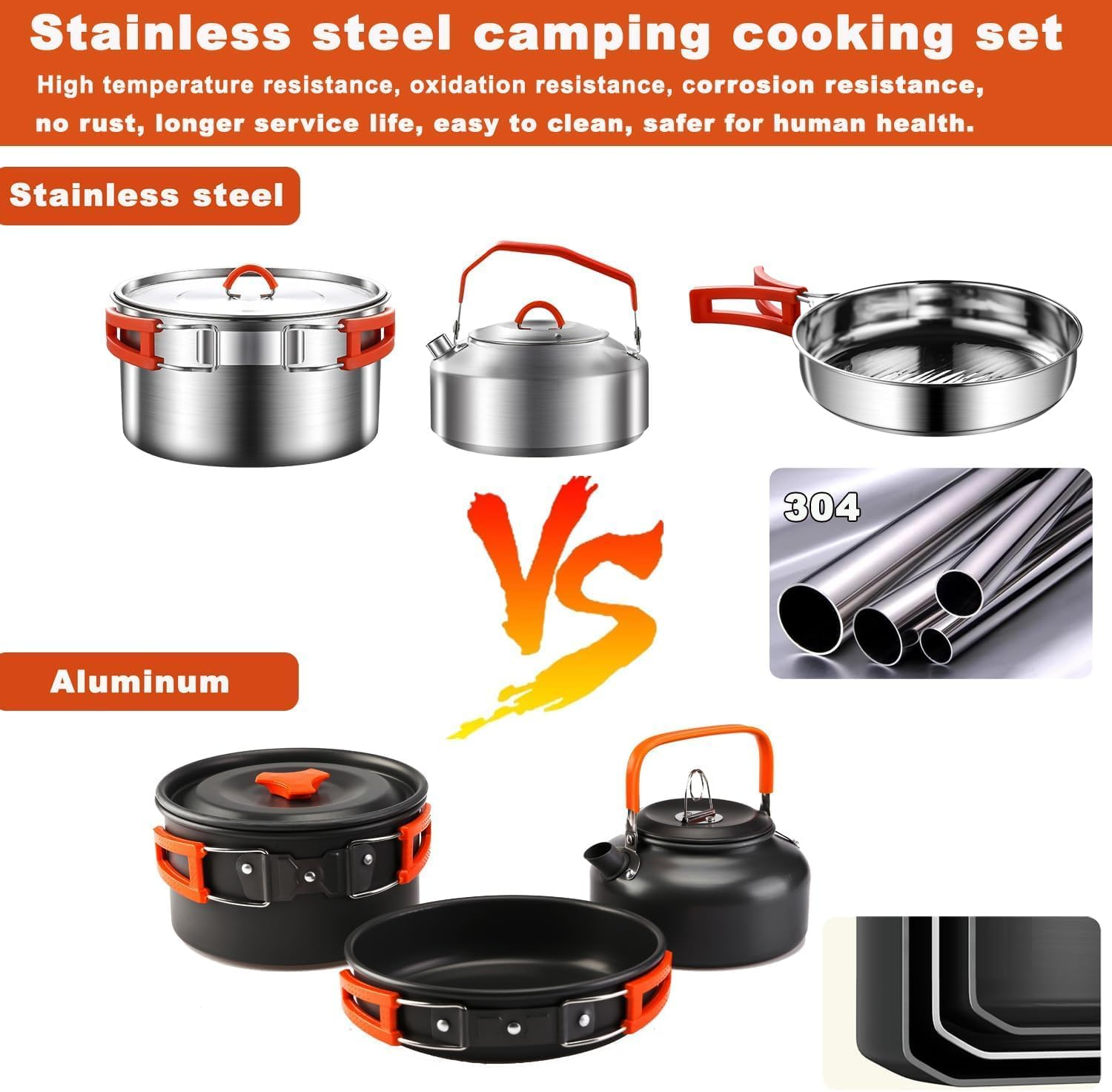 Camping Cookware Kit, 304 Stainless Steel Camping Cooking Set, Camping Pot and Pan Set with Kettle Cups Plates Forks Knife Spoon for Camping Outdoor Hiking Picnic Rvs for 2-3 People image number 5