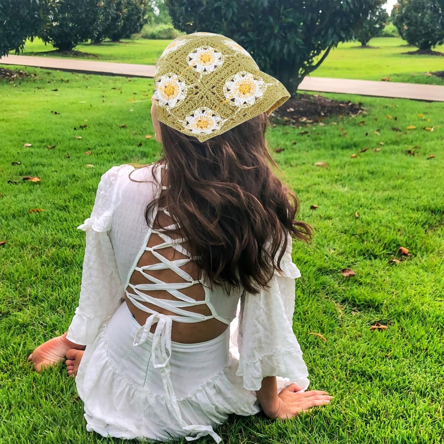 NICENEEDED 4 Pcs Crochet Bandanas Headbands, Flowers Knitted Headscarf Hairbands Foral Headwrap Knit Bandana Headband Scarf Tie-Back Head Coverings Hair Accessories image number 3