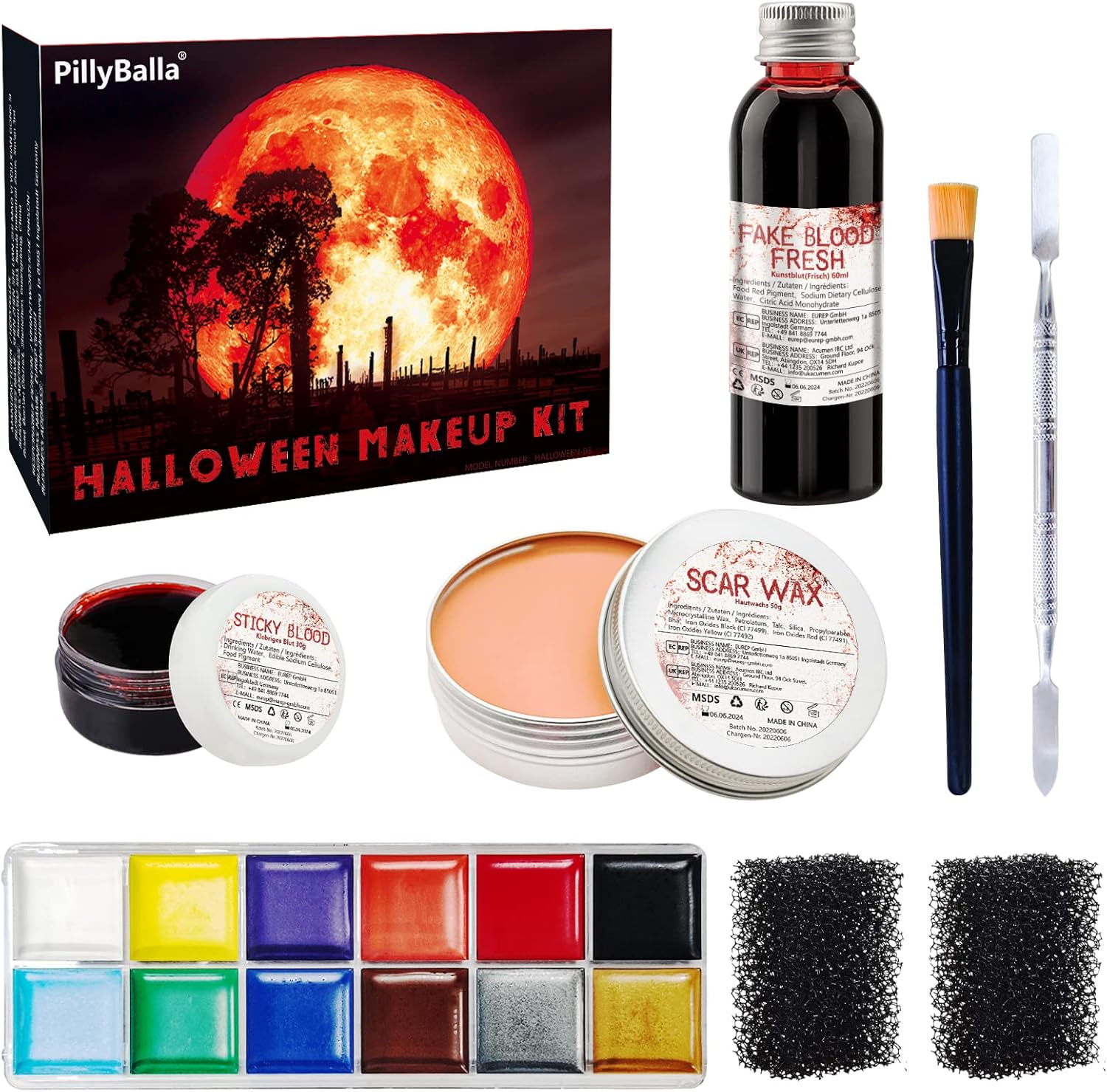 Halloween Make up Set, Artificial Blood, Encrusted Artificial Blood, Skin Wax & 12 Colours Face Painting & Sponge & Brush, for Halloween Parties, Costume Parties, Carnival, Zombie Vampire Wounds, Scars Make-Up image number 6