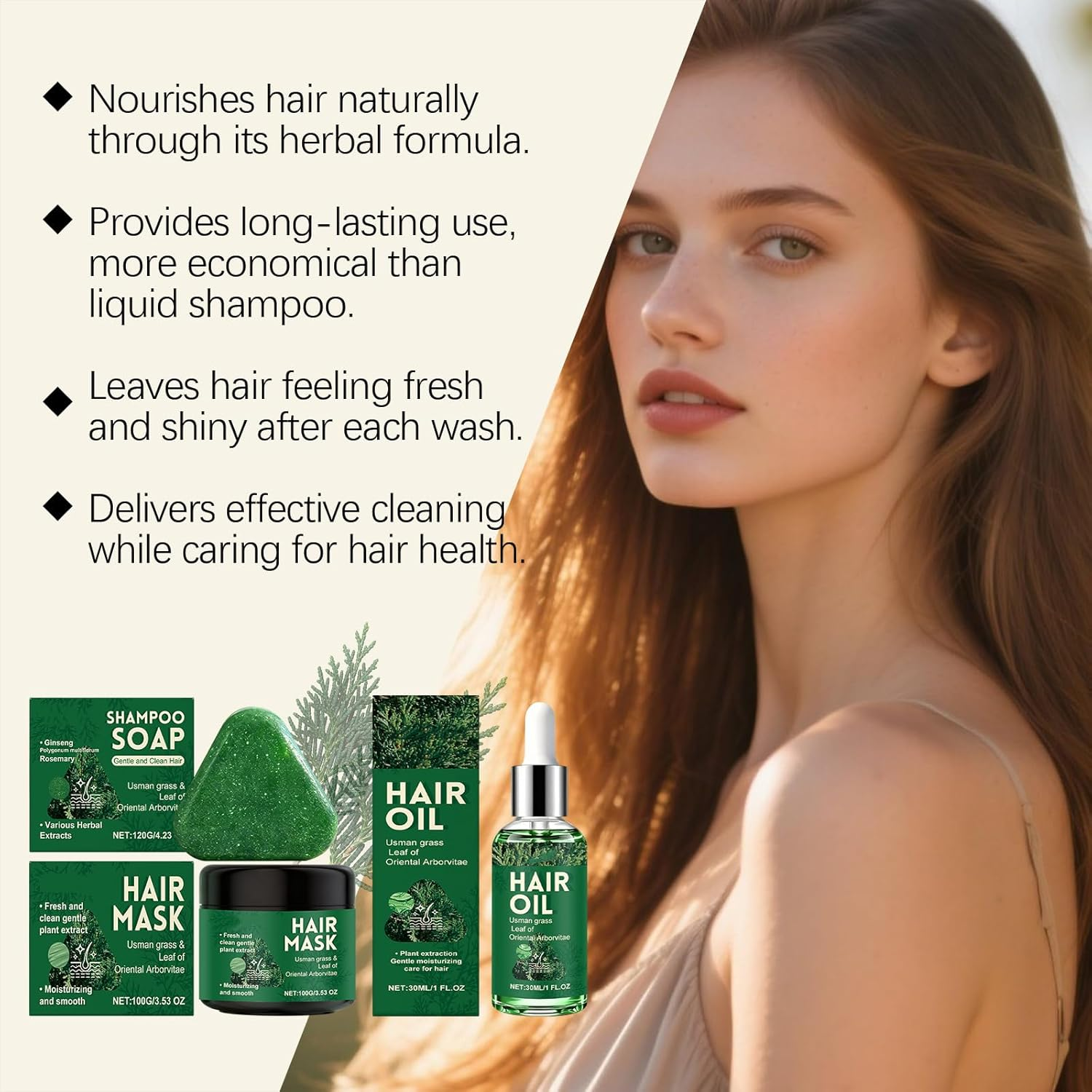 Arborvitae Leaf Hair Care Set Hair Oil Shampoo Bar Hairs Mask Set, Usman Grass Solid Shampoo Bar for Oily Scalp, Nourishing Mask for Dry Damaged Hairs, Usman Grass Oil for Frizz Control (2Set) image number 2