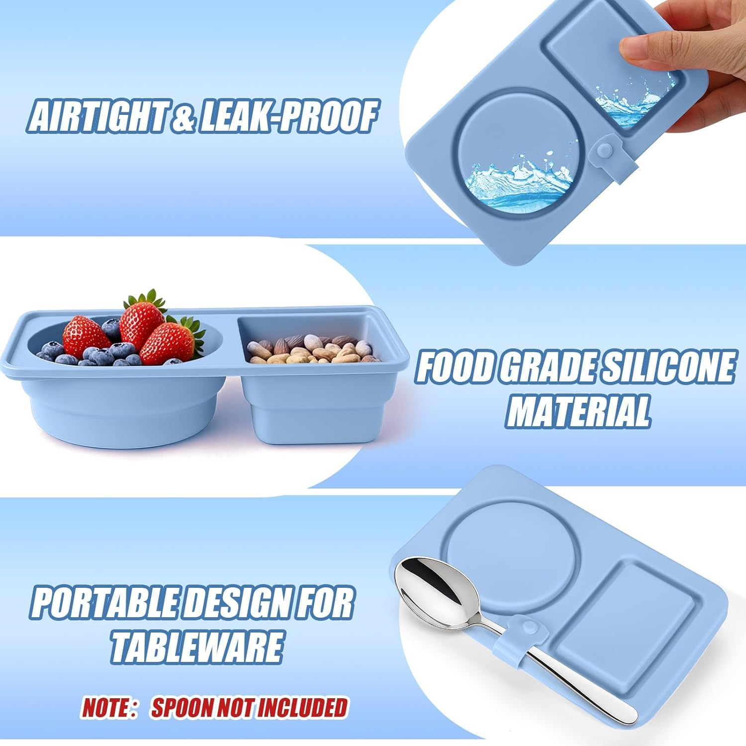 4 Pack Silicone Reusable Snack Containers with Lids, Double Compartment Snackle Box Containers, Salad Dressing Sauce Seasoning Container, Small Mini Food Snack Boxs for Travel, Office, Picnic image number 2