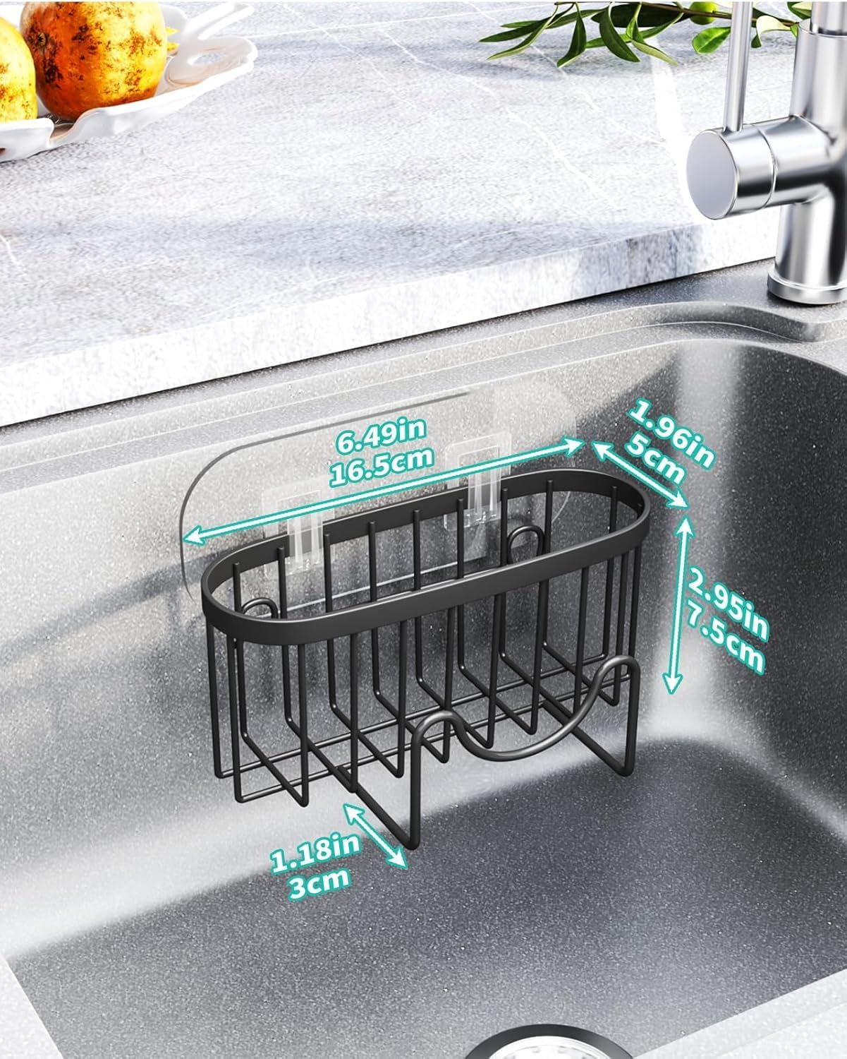 Multifunctional Sponge Holder with Unique M-Shaped, 2 Installation Methods Kitchen Sink Caddy Organizer, Rustproof Stainless Steel Sponge Caddy for Brush, Black (Black, 6.49In*1.96In*2.95In) image number 2