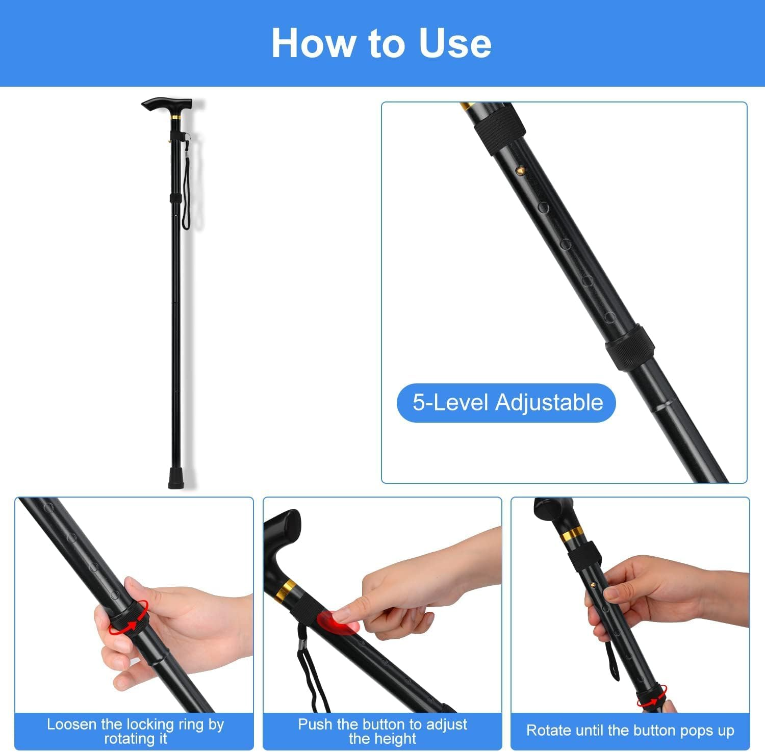 Foldable Walking Cane for Seniors, Walking Stick for Men & Women-Premium Collapsible Cane- Pocket Cane Lightweight Adjustable Heavy Duty Folding Walking Stick Silver