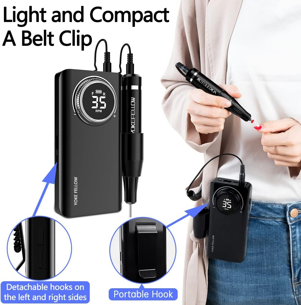 Yokefellow Professional 35000 RPM Nail Drill for Acrylic Nails with 6 Bits Rechargeable Portable Manicure Pedicure Nail Drill Machine as a Power Bank Black&Grey&Sliver (Black+Nb07) image number 1