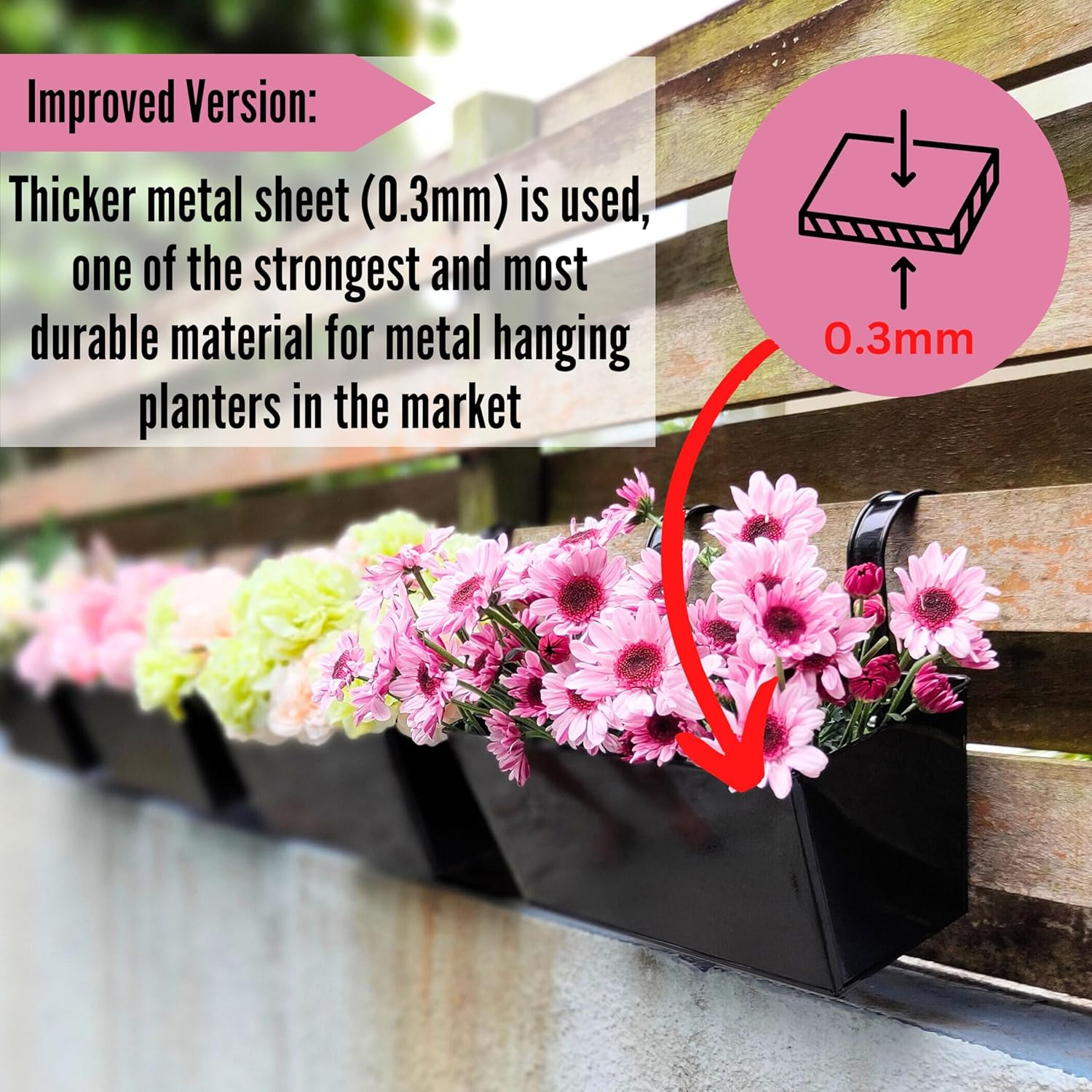 Lalagreen Railing Hanging Planters (2 Pack, 16 Inch) Large Black Metal Strawberry Flower Pots Outdoor Countryside Modern Rectangle Succulent Planter with Drainage Holes Hanger Balcony Deck Fence Porch