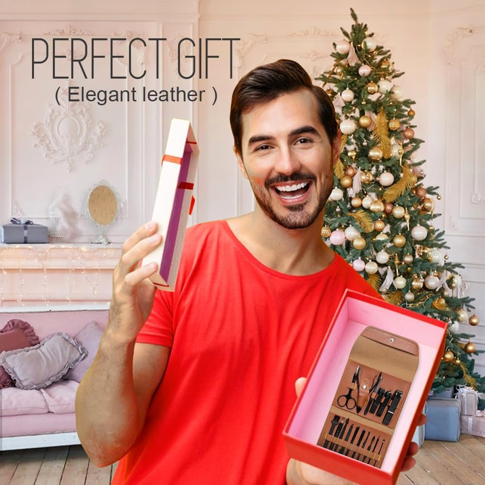 Manicure Set Professional Nail Clippers Pedicure Kit 16Pcs, Portable Stainless Steel Nail Kit Nail Clipper Set Manicure Set, Pedicure Kit Grooming Kit with Brown Leather Case for Men Women (Brown) image number 2