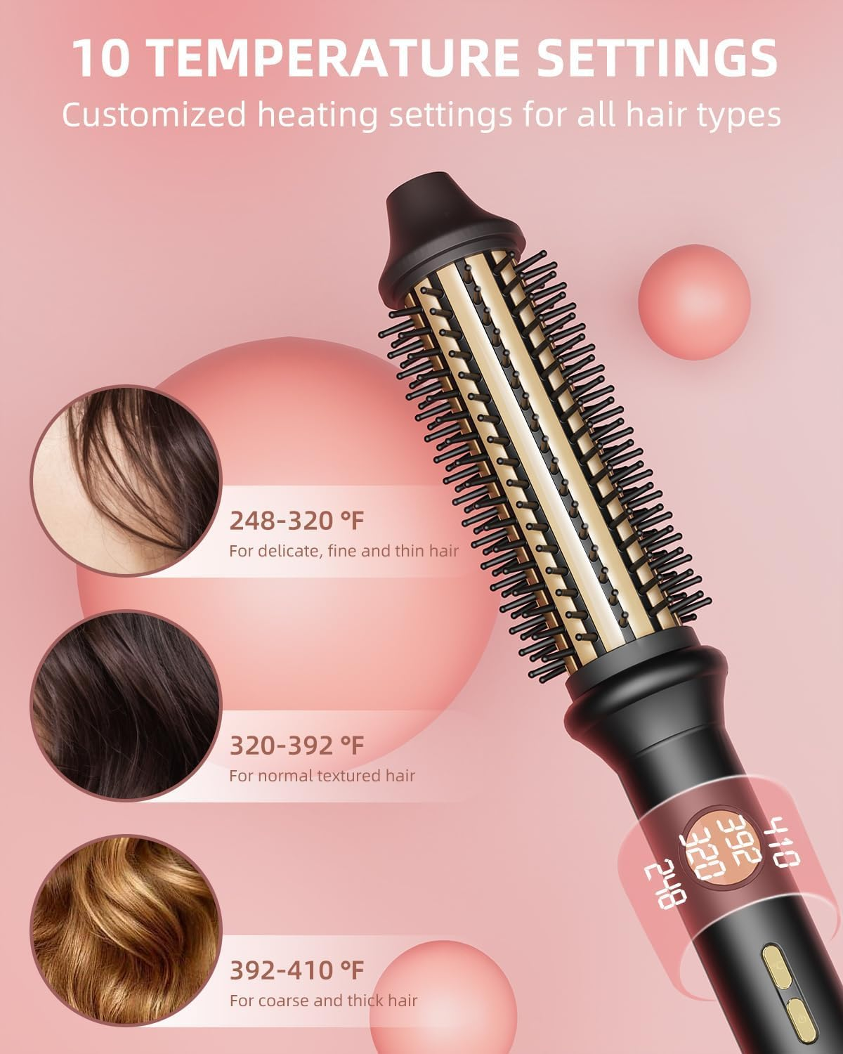 Thermal Brush, Curling Iron for Long Dry Hair, 110-220V Heated round Brush with 10 Temp Settings, 30S Fast Heat for Curling & Volumizing & Straightener, Anti-Scald Nylon Bristles，Au Plug image number 1