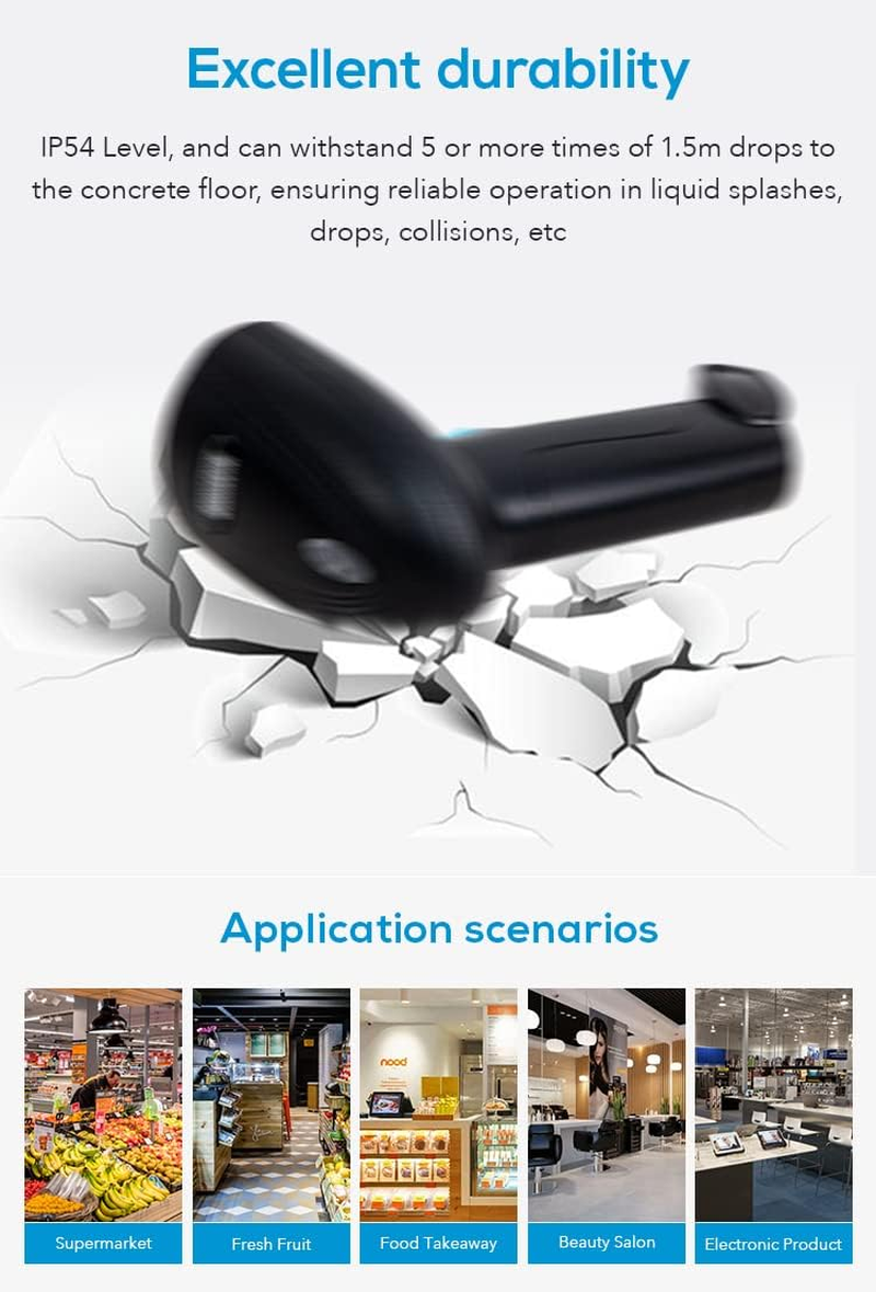 Wireless 1D Barcode Scanner, USB Barcode Reader, 300Scans/Sec, 32-Bit ARM Processor, 1.5M Anti-Shock, Handhold Laser Scanner for Supermarket, Convenience Store, Warehouse image number 3