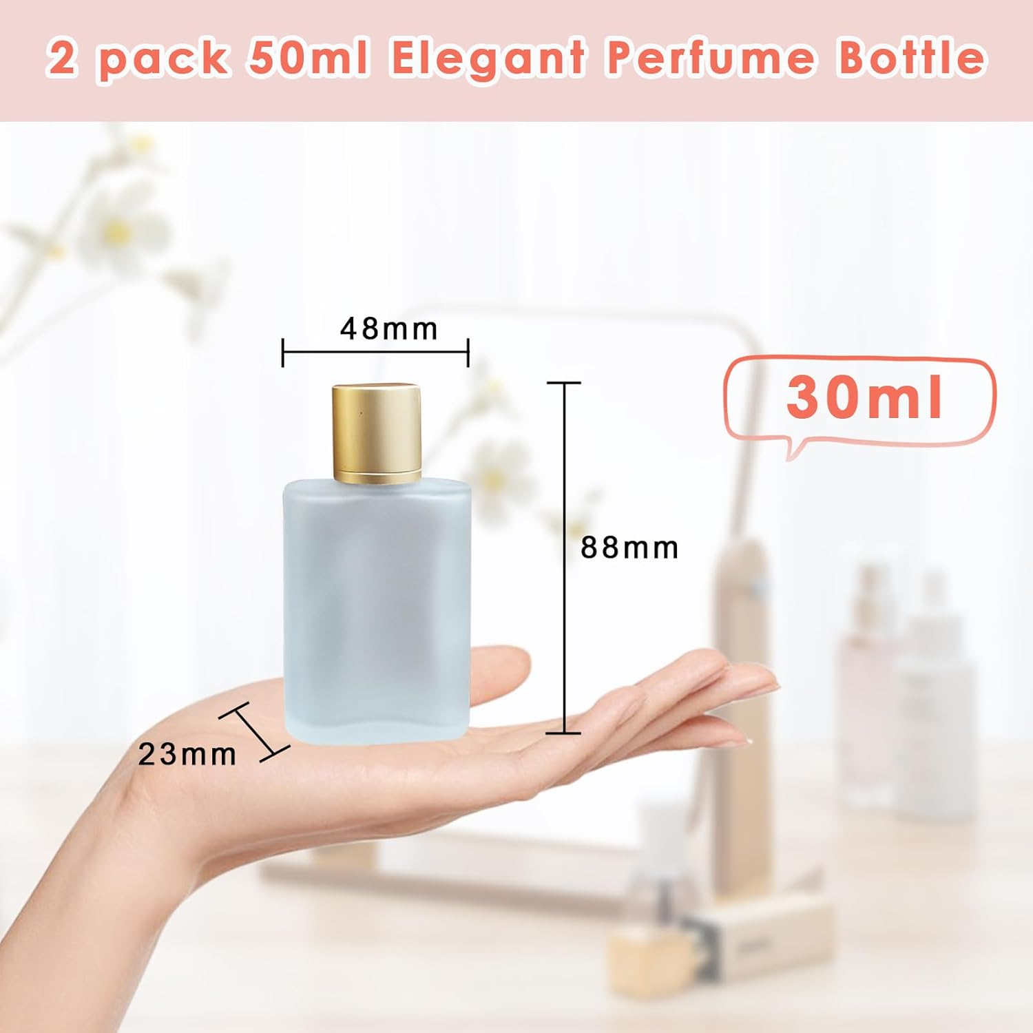 XUSSMM Perfume Atomiser, Empty Perfume Bottle, Matte Atomiser, Perfume Glass with Perfume Atomiser, Funnels and Gold and Silver Caps for Date, Party, Work (30 Ml, Gold + Grey) image number 3