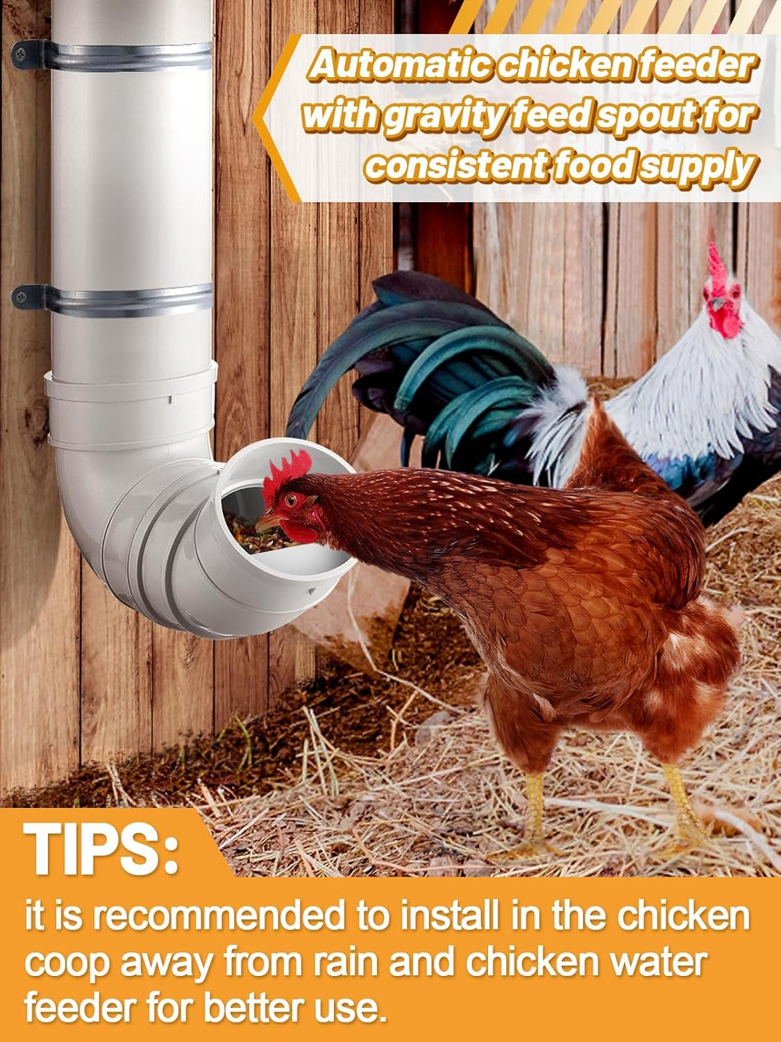 MEWTOGO Automatic Chicken Feeder No Waste - 6.6 Pounds Capacity Heavy Duty PVC Pipe Chicken Coop Feeder, Poultry Gravity Feed Port Used in Chicken Coop for Chicken Long Feeding - White-2 Set image number 2