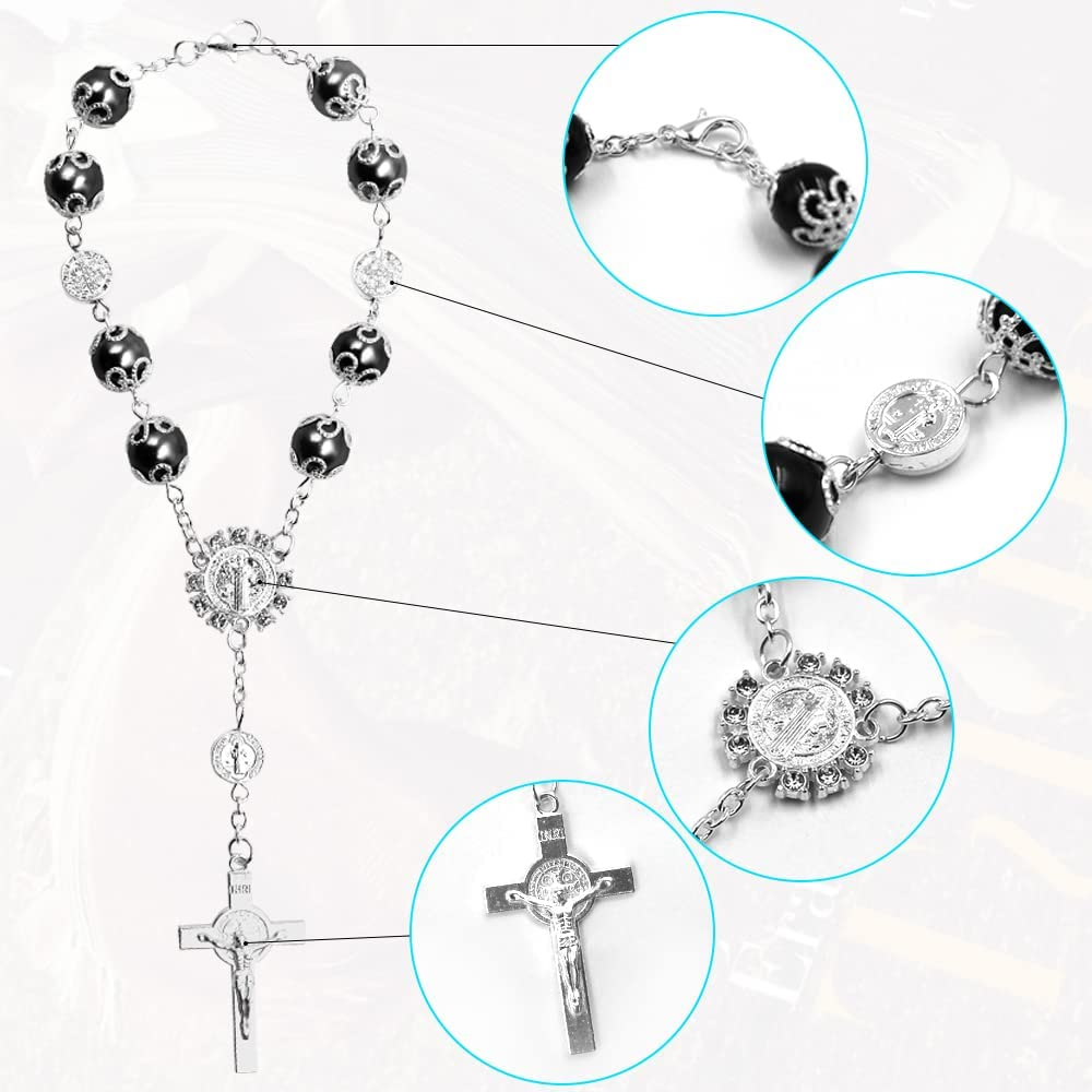 4 Pcs Rosary Beads Catholic, Finegood Cross Car Mirror Hanging Accessories Blessing Auto Rear View Mirror Pendant Car Decor Interior image number 3