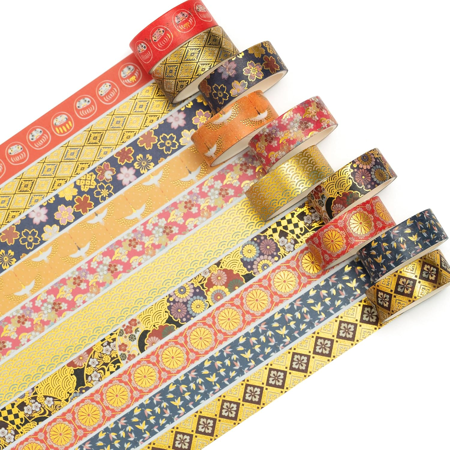 Songdao 10 Rolls Sakura Washi Tape Set Japanese Arts Adhesive Tapes Gold Silver Foil Decorative Masking Tape Sets for Craft, Kids, Scrapbook, DIY, Gift Wrapping (Golden Kimono)