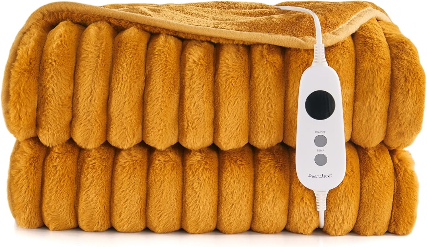 Dreamaker Chunky Embossed Plush Fleece Electric Heated Throw Blanket 200X180Cm Warm Flannel Reversible Rug Energy Efficient Overheat Protection 9 Heat Settings Extra Long Cord Controller- Mustard Gold image number 5