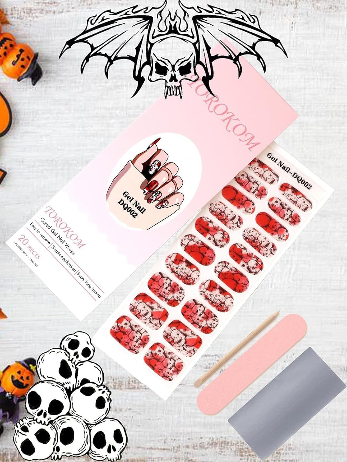 Kalolary Halloween Cured Gel Nails Strips, Bloody Skull ​Gel Nail Polish Strips Long Lasting Waterproof Full Nail Wraps Stickers with Stick, Nail File, Wipes & Sealing(Uv/Led Lamp Required)