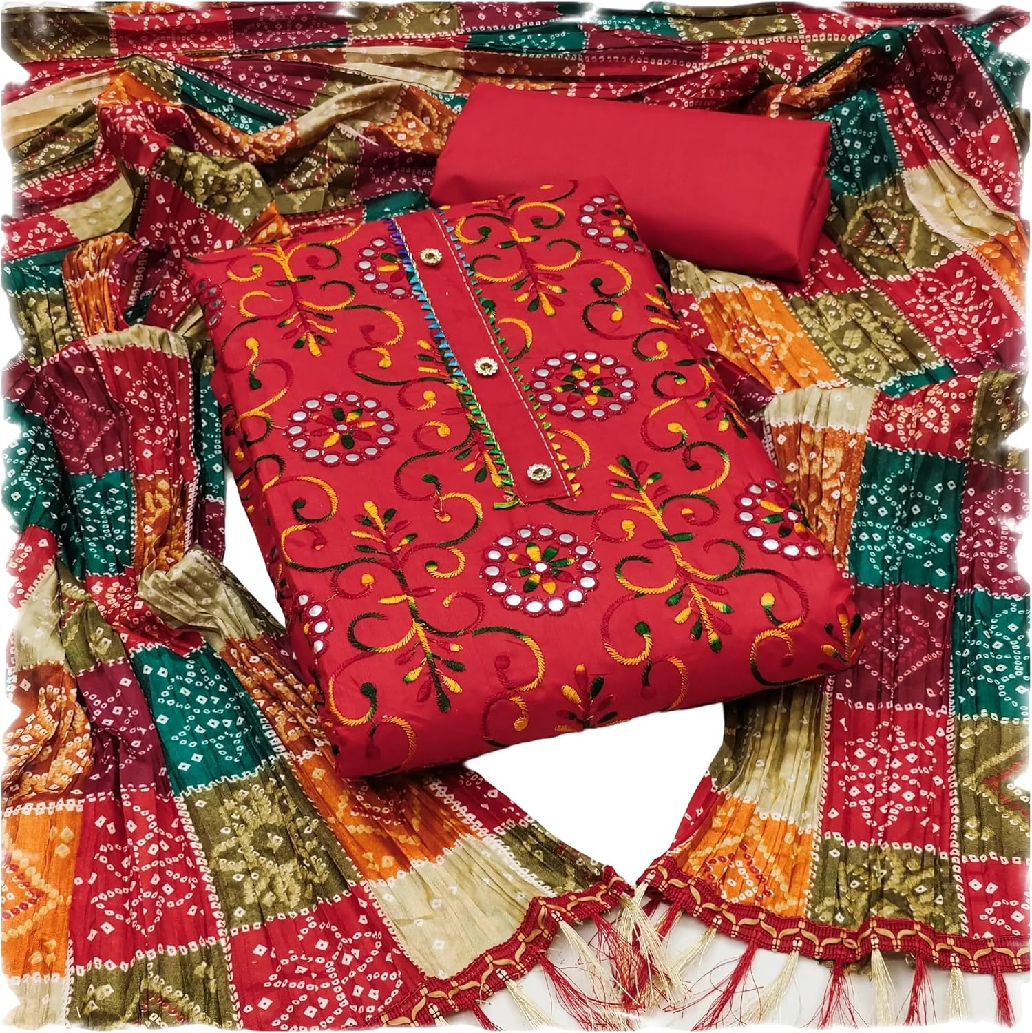 Sidhidata Women'S Poly Cotton Embroidery Work Unstitched Salwar Suit Dress Material with Bandhej/Bandhani Print Dupatta (Free Size)