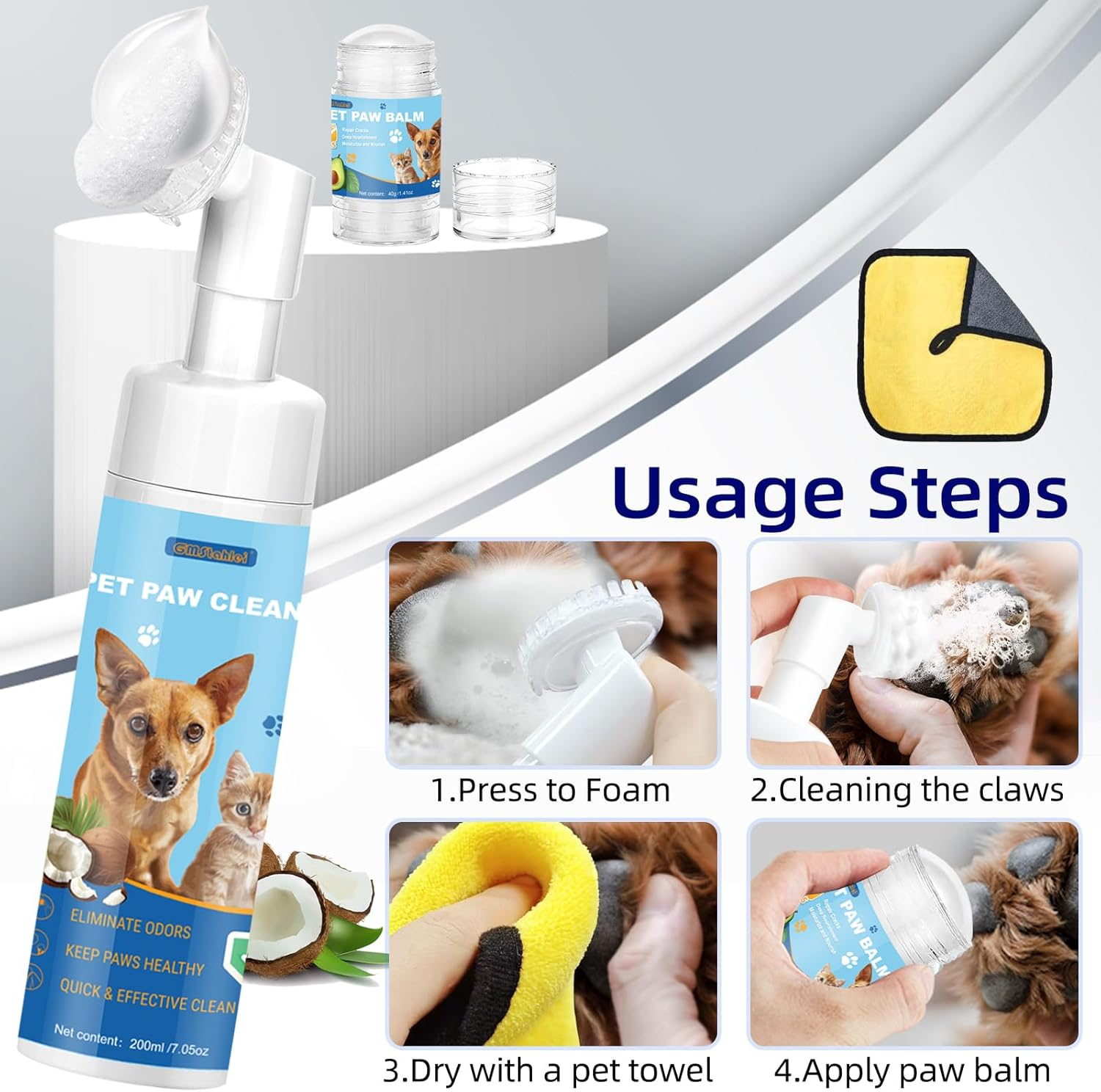 Dog Paw Care Kit,No-Rinse Paw Cleaner for Dogs & Cats,Dog Paw Balm for Heals -Repairs Dry Cracked Paws & Nose with 1 Pet Cleaning Towels,Natural Dog Paw Protector for Pet Foot Washer Care (200 Ml) image number 1