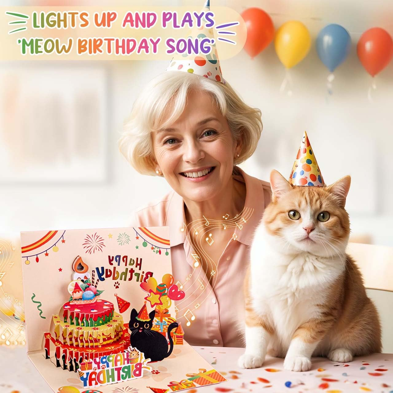 Musical Birthday Card with Lights,3D Happy Birthday Card with "Cat Meowing" and "Happy Birthday to You" Song &ldquo; for Men, Women, Kids, Family, and Friends image number 1