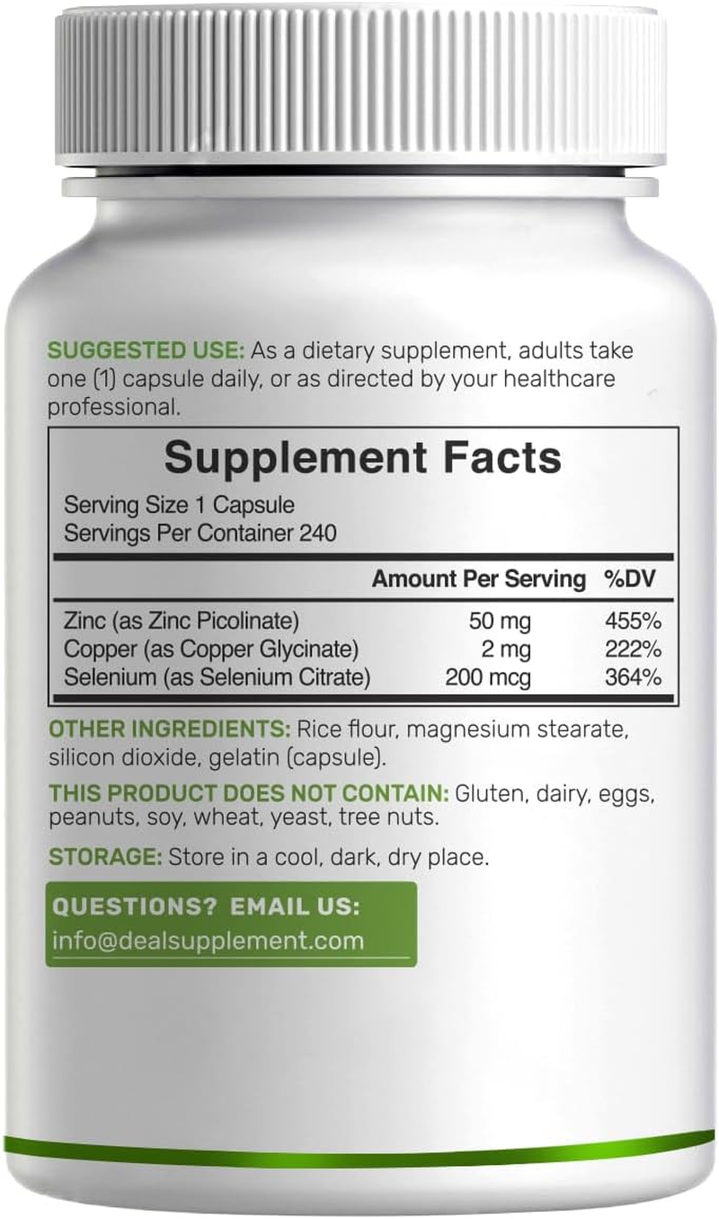 Deal Supplement Zinc 50Mg with Selenium + Copper, 240 Capsules, 8 Month Supply, 3 in 1 Mineral Formula, Zinc Picolinate Complex Supplement, Supports Healthy Immune System for Adults and Kids image number 3