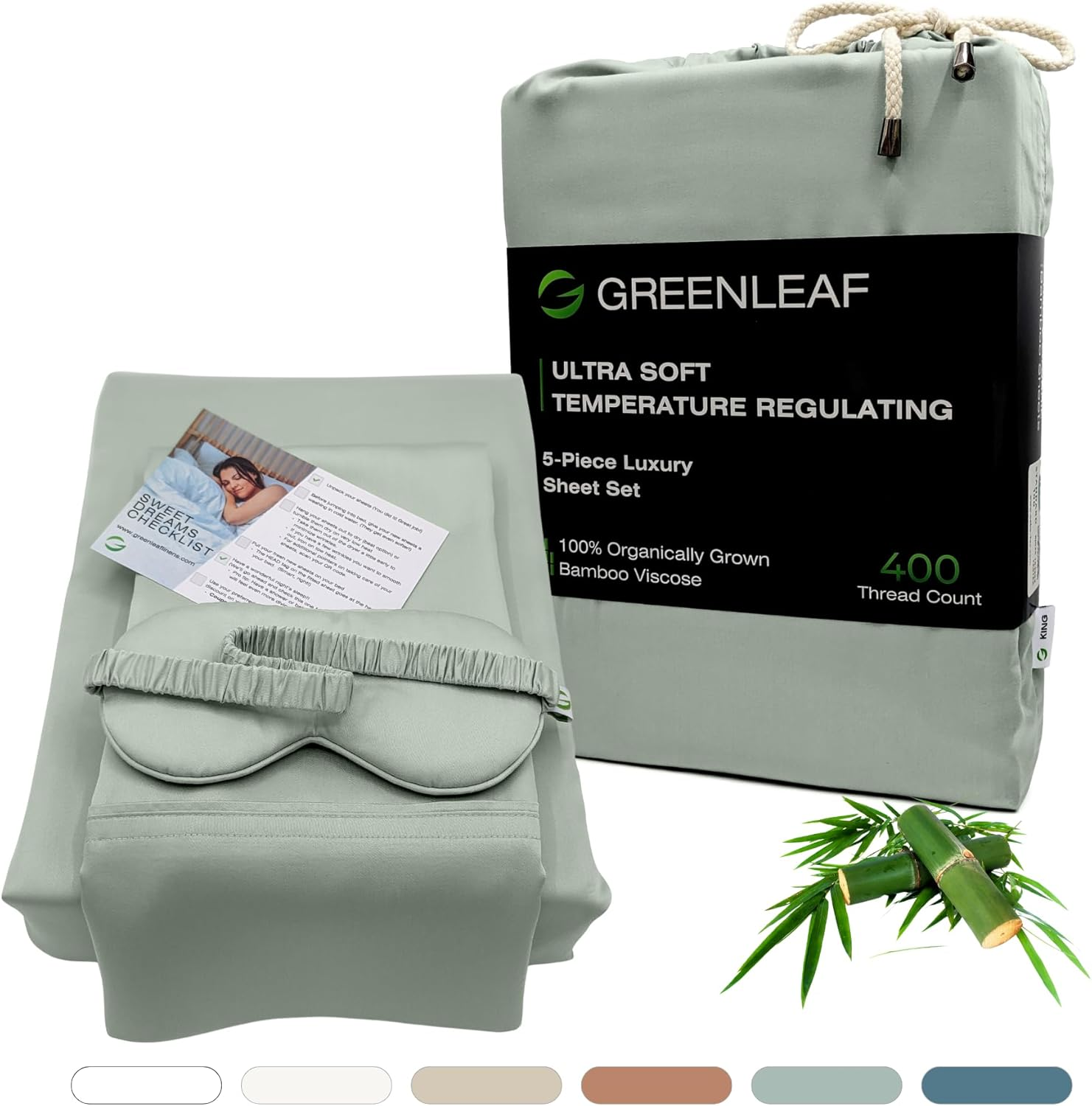 GREENLEAF King-Sized Bed Sheet Set, Seaglass Green | Fitted Bed Sheet with Pillow Cases, Flat Sheet & Sleep Mask | Breathable, Ultra-Soft Cooling | Deep Pocket up to 18" | Double Stitched Sateen