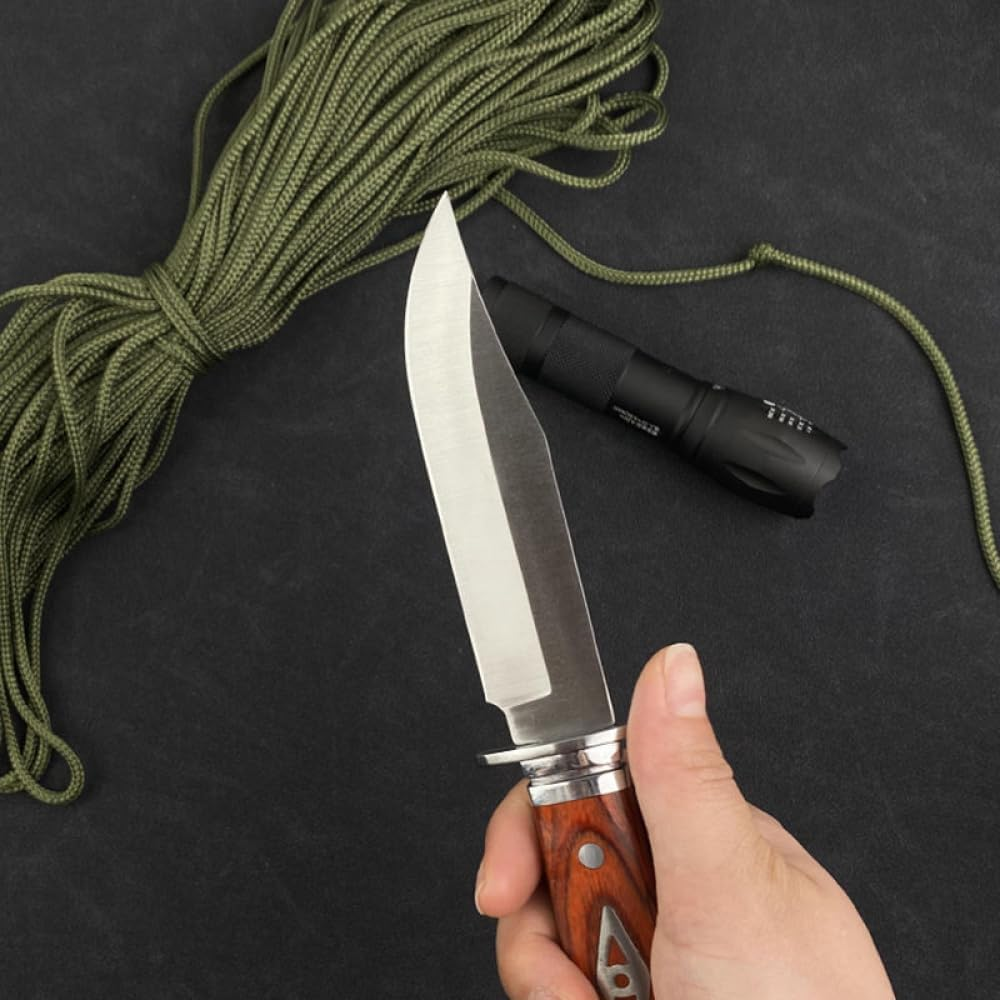 8" Fixed Blade Knife - Satin Finish Stainless Steel Blade, Brown Wood Handle with Stainless Steel Bolster, Includes Nylon Sheath - EDC, Survival, Bushcraft, Skinning and Camping Knife image number 2