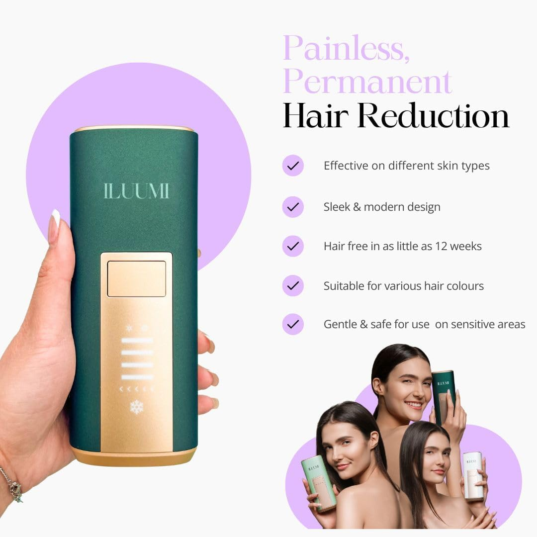 ILUUMI IPL Hair Removal Device for Face and Body, Permanent Hair Reduction for Women and Men, with 5 Intensity Levels and Ice-Cooling Technology, In-Home Use (Dark Green) - White image number 4