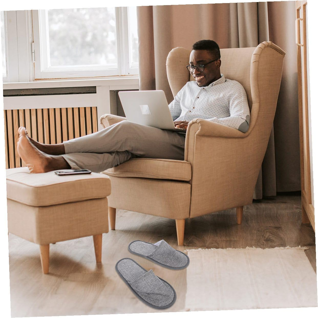 TEHAUX Portable Foldable Disposable Slippers 5Mm Non-Slip Sole, Grey Linen Travel and Guest Slippers for Men and Women, Comfortable Home and Hotel Use image number 2