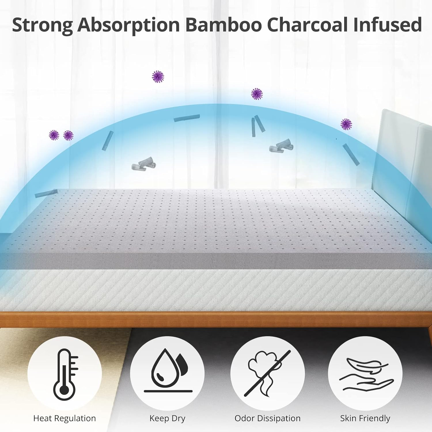 3 Inch Full Size Memory Foam Mattress Topper, Bamboo Charcoal Infused, Cooling Ventilation, Breathable Bed Topper for Pressure Relief Back Pain, Certipur-Us Certified image number 2