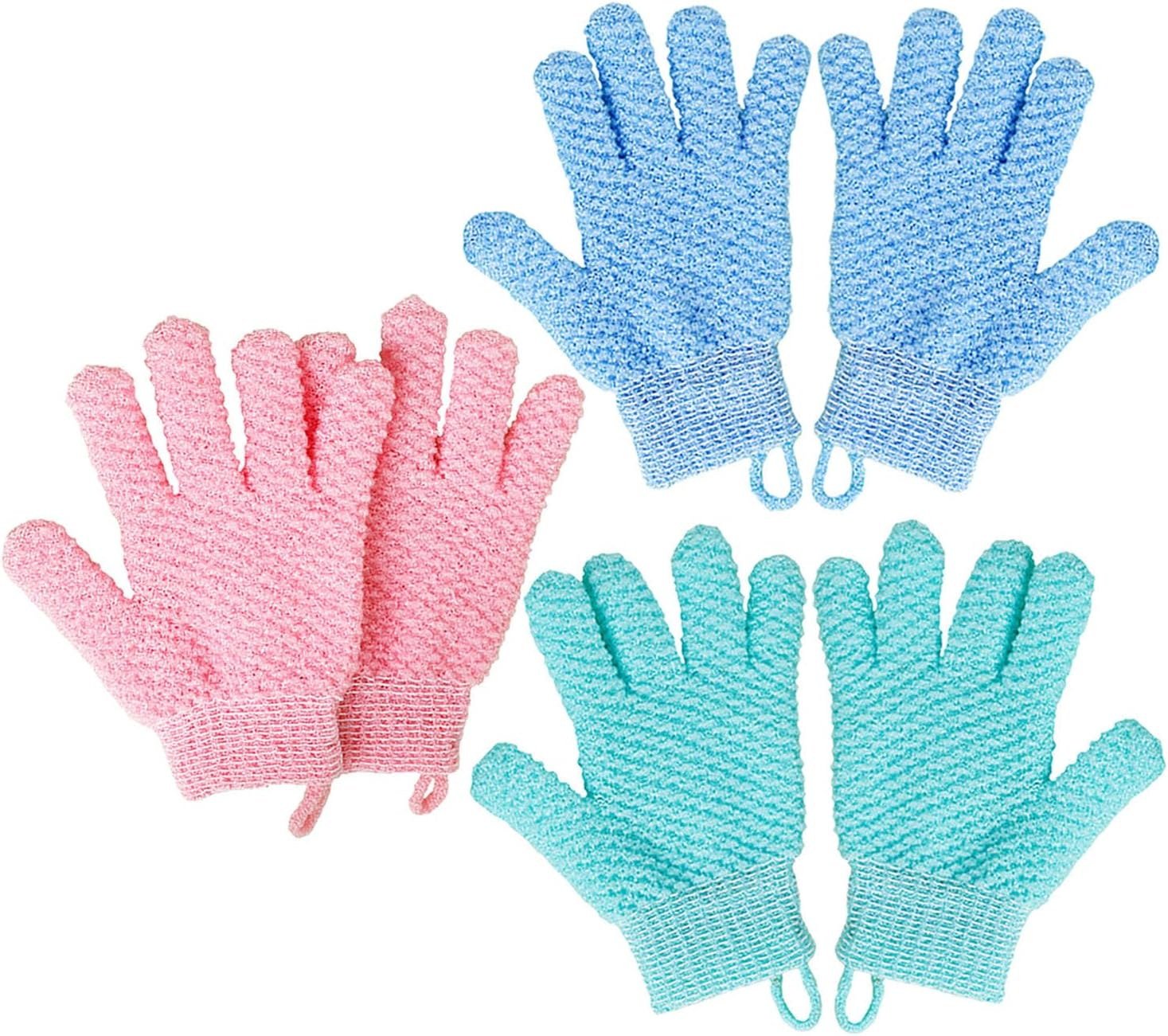 Haobase 3 Pairs Exfoliating Gloves Body Scrub Bath Gloves Scrubbing Gloves for Shower, Spa, Massage, Dead Skin Cell Remover (Blue+Green+Pink)