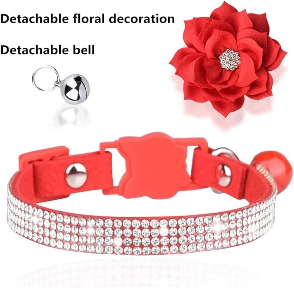 Cat Collars,Rhinestone for Girl Cats Bling Kitten Flower Adjustable Breakaway Collar with Bell Soft Velvet Leather Collar for Puppy Small Dogs (Pink1) - Hot Pink image number 2