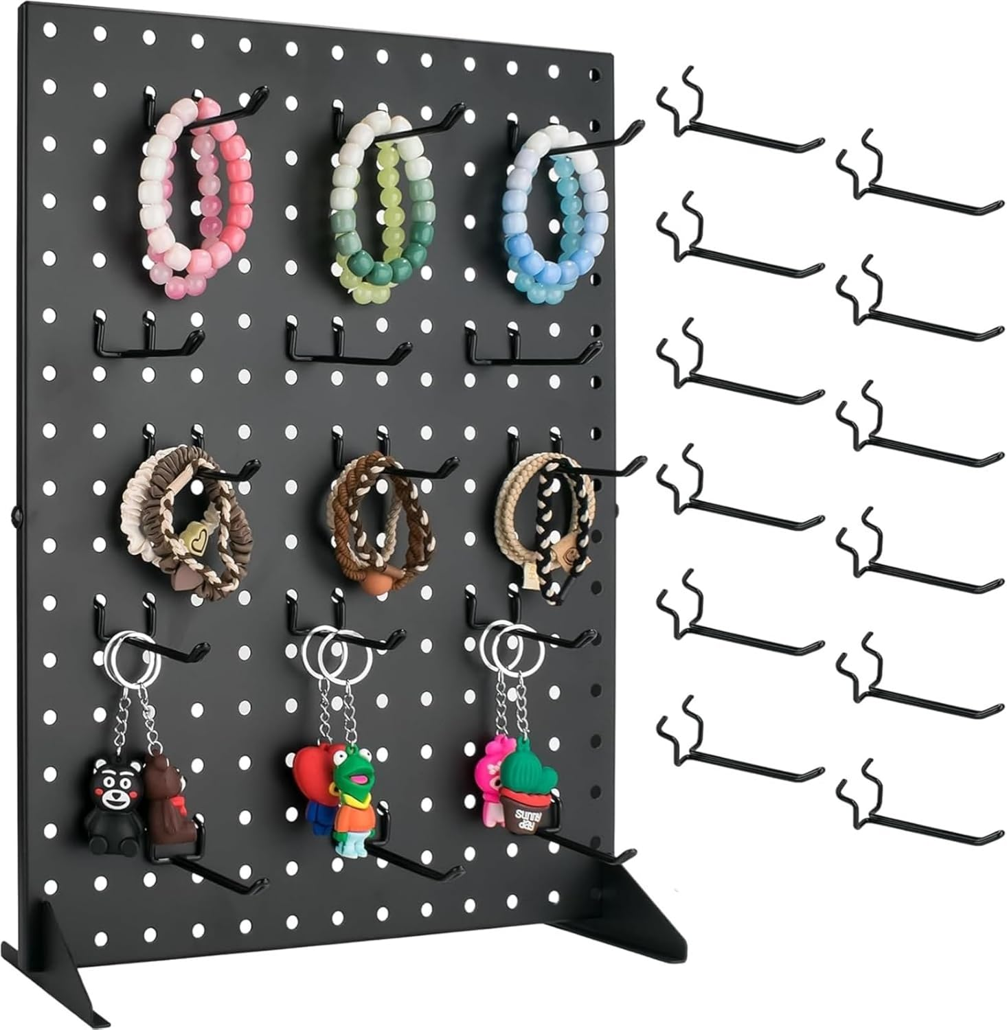 Ssumght Peg Board Display Stand with 12 Hooks,White Metal Jewelry Retail Pegboard Racks for Craft Shows, Fairs and Selling Earrings,Sturdy Rack Stands for Retail Stores, Vendors (Black Rotating)