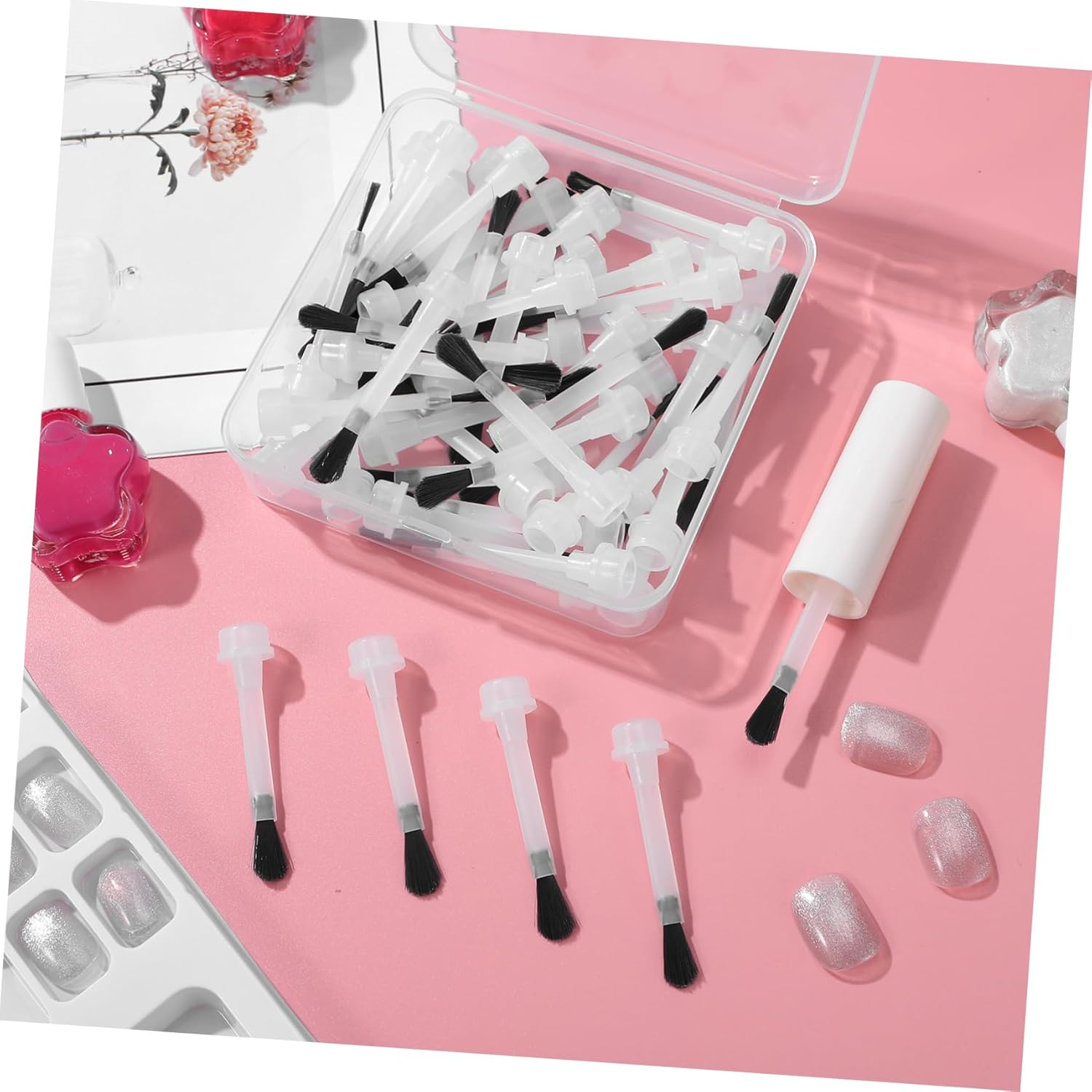 CLISPEED 50Pcs Disposable Nail Polish Brush Applicators Handle Flat Head Gel Nail Polish Replacement Brushes for Art for Home and Salon Use image number 3