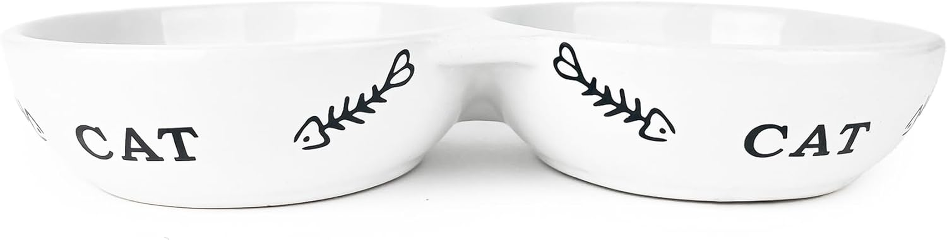 Cattitude Cat Bowl Ceramic Double Fishbone White, White - Cat Bowl, Handcrafted, Durable, Heavyweight Stability