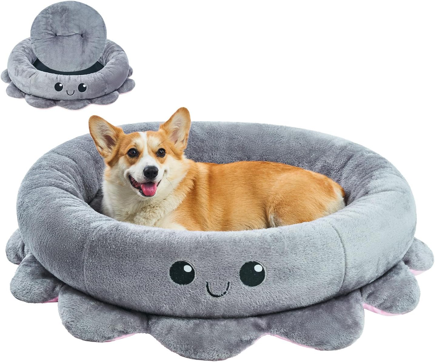 Jiupety Cute Calming Dog Beds Clearance for Large Dogs, Anxiety Bolster Dog Bed with Octopus Shape, Pink, Red, Boho, round Pet Bed Cat with Removable Cushion