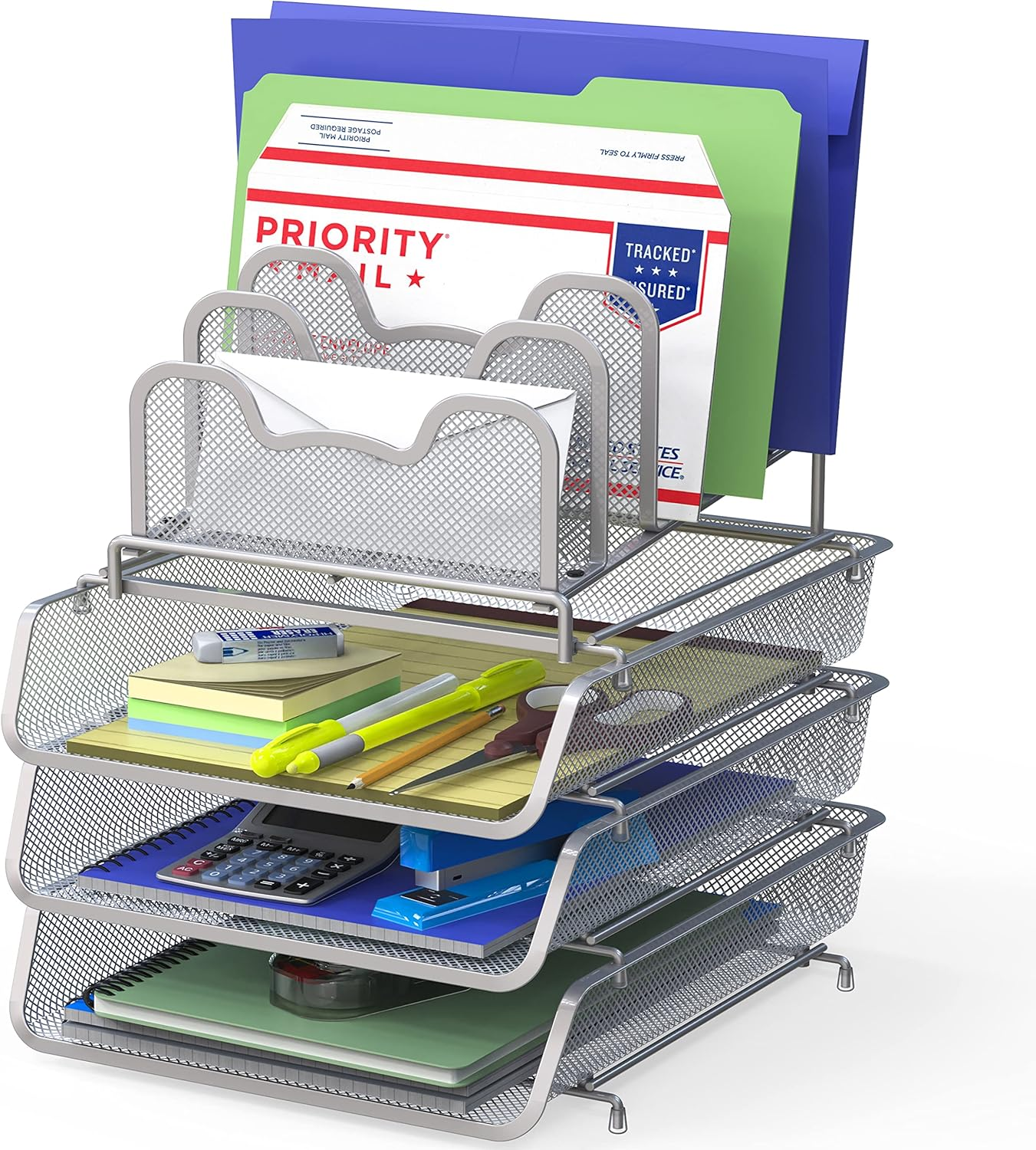 3-Pack Stackable Desk File Document Letter Tray W/ 5 Compartments Step File Organizer Silver image number 1