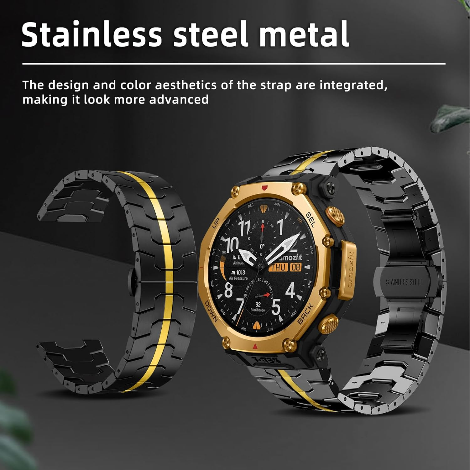 Hinzann 22Mm Strap for Amazfit T-Rex 3 Pro 48Mm/Balance 2/Balance/Bip 6/Bip 5/5 Unity, Metal Stainless Steel Band for Amazfit Cheetah/Cheetah Pro/Gtr 4/GTR 3 Pro/Gtr 3/GTR 2E/Gtr 2 - Black Gold image number 3