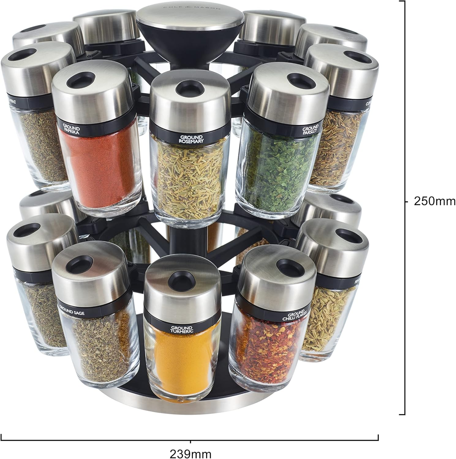 Cole & Mason Cambridge 20 Glass Rotating Spice Rack, Spice and Herb Organiser/Storage, Glass Spice Jars with Labels, Herbs and Spices Included image number 5