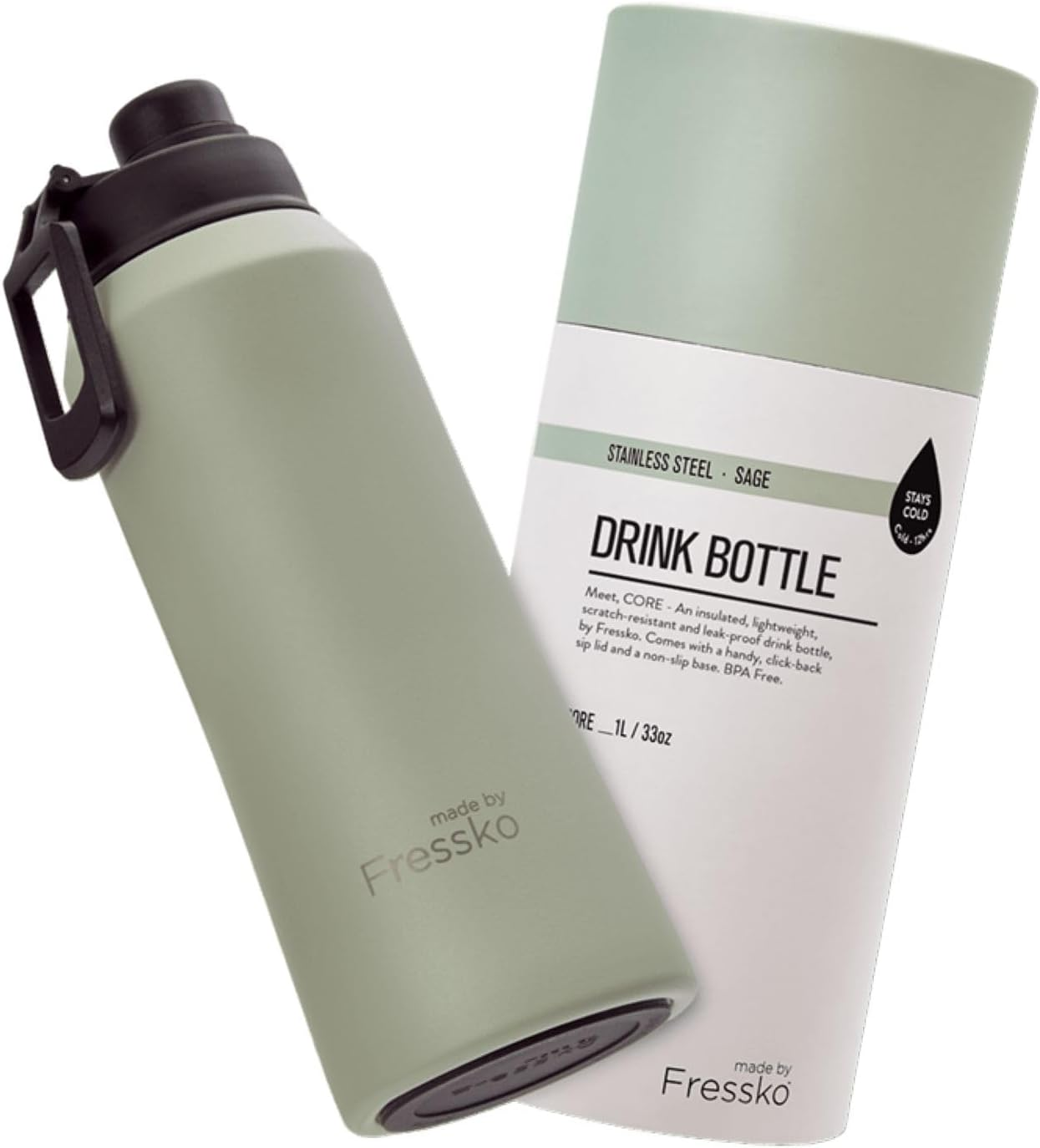 Made by Fressko | Core Wide Mouth Insulated Stainless Steel Water Bottle-Sage | with Sip Lid | 34Oz 1L |Bpa-Free | Leak Proof Lid