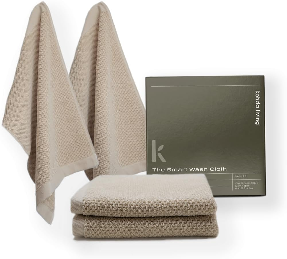 KOHDA LIVING Luxury Washcloths for Face &ndash; Wash Cloths for Bathroom, Silver Infused, Thick & Soft Face Towels &ndash; Premium Luxury Wash Cloths for Your Face, Body, or Bathroom &ndash; 4 Pack (Dune)