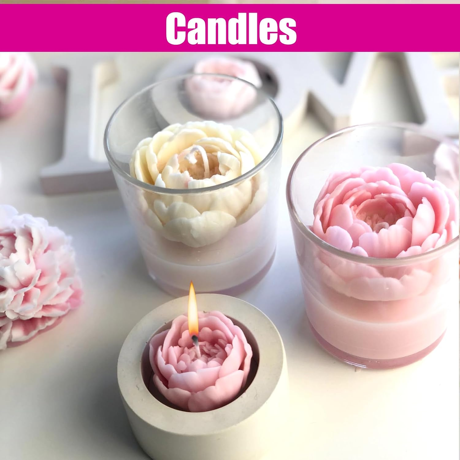 6 Pieces Flower Silicone Molds,Flower Molds,Flowers Fondant Mold,Rose Candle Mold for Candle Soap Making Cake Decorating Candy Chocolate Gum Paste Polymer Clay image number 1